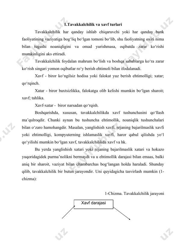 chora-tadbirlarni ko‘rishga xalal beradigan mahallarda. bulardan tashqari tijoratga doir xavflar, ya’ni: -tovarlarni bozorda sotishga aloqador xavf; -yuklarni tashish mahalidagi xavf yoki transportga aloqador xavf; -tovarni xaridor tomonidan qabul qilinishga aloqador xavf; -xaridorning haq to‘lashga qodir yoki qodir emasligiga aloqador xavf; -xaridorning haq to‘lashni istamasligiga aloqador xavf. siyosatga doir xavflar. -xaridor mamlakatda importning taqiqlanishiga aloqador xavf; -yuklarni xaridorga tashib yetkazib berish mahalidagi ish tashlashlar (urush, g‘arayonlar)ga aloqador xavf; -valyutalarning almashinishiga yoki pul o‘tkazishning taqiqlab qo‘yilishiga aloqador xavf. iqtisodiyotga doir xavflar. -pulning qadrsizlanishi; -ishsizlik darajasi; -soliq siyosati; -texnologik o‘zgarishlar; -xomashyo bazasi bilan bog‘liq xavflar ham xavf darajasining ortishiga olib kelishi mumkin. xavfni boshqaruv sohasidagi ishlarni malakali yo‘lga qo‘yish, uning bir qismini boshqa hamkorlarga o‘tkazish, biznesni va xodimlarni sug‘urta qildirish orqali ancha kamaytirish mumkin. xavfni kamaytirish va rentabellikni oshirishning bir qancha usullari mavjud. ularni ba’zilari quyidagilardan iborat: -qo‘shimcha ishchi kuchiga, bozorning ahvoli va xususiyatlari to‘g‘risidagi axborotga, yetarlicha moliyaviy mablag‘larga ega bo‘lgan korxonalar orasida …