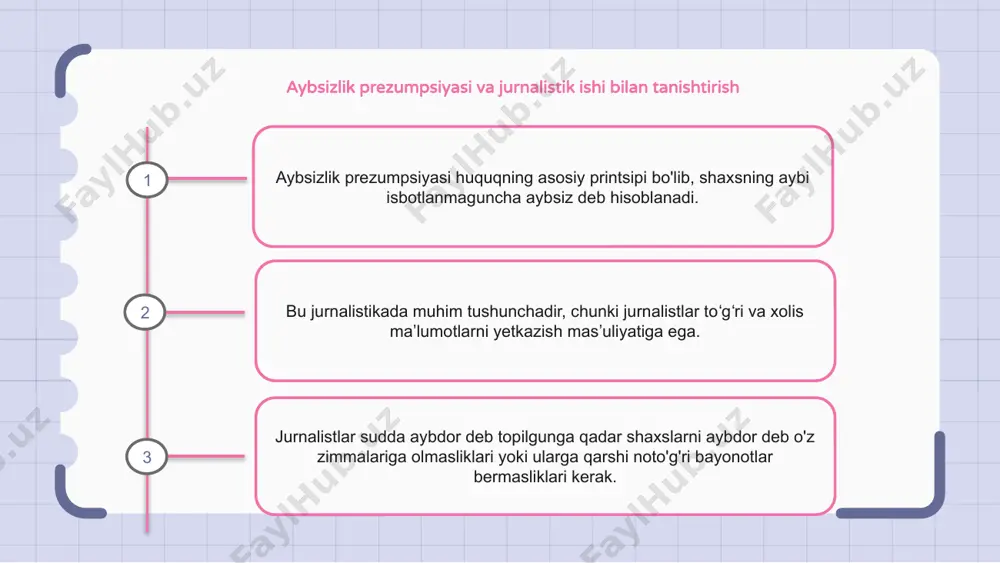 z ko'plab qiyinchiliklarga duch kelishadi, masalan, tezkor yangilanishlarni taqdim etish bosimi va jamoatchilik fikriga zarar etkazish xavfi. jurnalistlarning aybsizlik prezumpsiyasi bo'yicha axloqiy javobgarliklari aybsizlik prezumpsiyasi huquqiy tizimda shaxsning aybi isbotlanmaguncha aybsiz ekanligini ta’kidlaydigan asosiy tamoyildir. jurnalistlarning axloqiy mas'uliyati bu tamoyilni qo'llab-quvvatlashi va ular jamoat fikriga nohaq ta'sir o'tkazmasliklari yoki shaxslarni sudlanmagunga qadar aybdor sifatida nohaq ko'rsatmasliklarini ta'minlash. bu shuni anglatadiki, jurnalistlar jinoiy ishlar bo'yicha ehtiyotkorlik bilan xabar berishi, aybsizlik prezumpsiyasini hurmat qiladigan muvozanatli va adolatli yoritishni ta'minlashi kerak. case studies: aybsizlik prezumpsiyasi va jurnalistika aybsizlik prezumpsiyasi jurnalistika sohasidagi asosiy tamoyil bo'lib, xabarning yaxlitligini saqlash uchun zarurdir. jurnalistlik faoliyatida aybsizlik prezumpsiyasini qo'llab-quvvatlash muhimligini amaliy tadqiqotlar ko'rsatdi, chunki yolg'on yoki muddatidan oldin ayblovlar shaxslar uchun og'ir oqibatlarga olib kelishi mumkin. jurnalistlar mas'uliyatli va xolis xabarlar orqali aybsizlik prezumpsiyasi hurmat qilinishi va qo'llab-quvvatlanishini ta'minlashda hal qiluvchi rol o'ynaydi. 1 2 3 aybsizlik prezumpsiyasi va matbuot erkinligi paragraf paragraf paragraf jamoatchilik fikri va ommaviy …