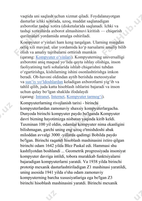 edi, u tasvirlagan kompyuterning printsiplari va tuzilishi keyinchalik von neyman deb nomlandi. demak, kompyuter qaysi yilda yaratilgan, birinchi kompyuter qayerda yaratilgan va kim birinchi kompyuterni yaratgani haqidagi savollarga turli yo'llar bilan javob berish mumkin. agar biz mexanik kompyuter haqida gapiradigan bo'lsak, unda birinchi kompyuterni yaratuvchisini konrad zuse va birinchi kompyuter ixtiro qilingan mamlakat - germaniya deb hisoblash mumkin. agar biz birinchi kompyuterni eniac deb hisoblasak, demak, jon mauchli aqshda birinchi kompyuterni yaratgan. birinchi kompyuterlar biz hozir ishlatadigan narsalardan ancha uzoqda edi - shaxsiy kompyuterlar. birinchi kompyuterlar ulkan edi, ko'pincha katta maydonlarni egallagan, uch xonali kvartiraning kattaligi va og'irligi 28 tonnagacha! shaxsiy kompyuterlar (pc) ancha keyin paydo bo'lgan. birinchi shaxsiy kompyuterlarni yaratish faqat 1970 -yillarda mumkin bo'lgan. ba'zi odamlar tadqiqot uchun qiziqish uchun uyda kompyuterlarni yig'ishni boshladilar, chunki uyda kompyuterdan deyarli foydalanish mumkin emas edi. va 1975 yilda birinchi shaxsiy kompyuter altair 8800 paydo bo'ldi, u tijoratda muvaffaqiyatli birinchi shaxsiy kompyuterga …