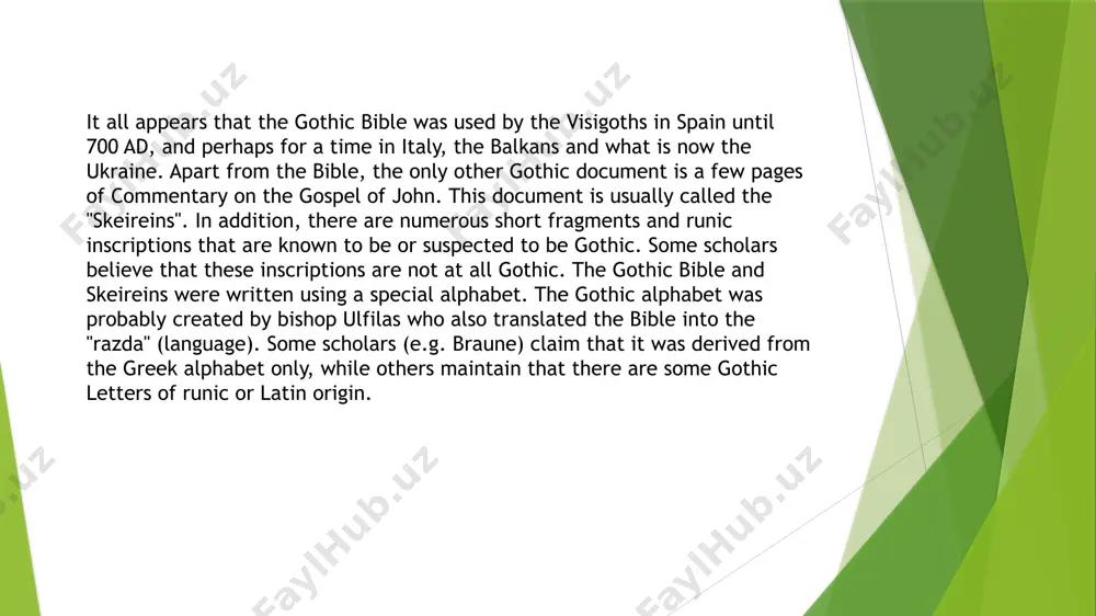 the verb indicates: - the person (1st, 2nd, 3rd) and the number (singular, dual, plural) a personal pronoun is used when needed for emphasis or contrast. i n other cases gothic suffice with the verb on its own. - the mood: gothic uses the indicative, imperative and subjunctive. - the tense: there are only two forms, the present tense for the present and future, and the preterite for the past tenses (there are as yet no analytical compound verb forms such as "have done"). the preterite can be formed in various ways: a) by a vowel change (strong verbs) - this method goes as far back as indo european. b) by adding a dental suffix (weak verbs) with the sounds /d/ (as in english then) or f'p/ (as in english thin). weak verbs are an innovation of the germanc languages. c) by reduplication, eg sleep: slepan - salslep - salslepum). …