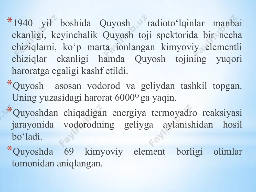 bataladi. quyosh mash’allari va flokullalari quyosh doirasining chekkasida quyi atmosferaning sovuq qatlamida yorug’ mash’allar kuzatiladi. olimlarning taxminicha mash’allar fotosferaga nisbatan yuqori haroratga ega. mash’allarning balandligi ming, hattoki bir necha 10000 km.ga yetishi mumkin. ular quyosh dog’larini o’rab turadi. xromosfera qatlamida mash’allarning tepasida flokullalar joylashadi. ularning balandligi bir necha 100000 km.ga yetadi. gorizontal yo’nalishda ular quyosh doirasining (diskining) 30 % igacha bo’lgan maydonni egallaydi. quyosh toji — quyoshning tashqi, eng qoʻp choʻzilgan (quyoshning bir necha dia-metriga teng) qatlami. quyosh toji quyosh gar-dishidan taxminan million marta xira boʻlib, quyosh toʻla tutilishi paytida aniq koʻrish mumkin. quyosh toji quyosh faolligi maksimal yillarda simmetrik, minimal yillarda esa ekvator boʻylab choʻziq shaklda boʻladi. quyosh toji spektrida koʻp marta ionlangan gʻe, sa, m, s, o va 8 elemetlari atomlarining emission chiziqlari bor. quyosh tojida barcha atomlar ionlangan. quyosh toji quyosh tojining oʻrtacha temperaturasi 1060 k dan yuqori va toj boʻylab sekin oʻzgaradi. quyosh tojining tashqi qatlamlaridan …