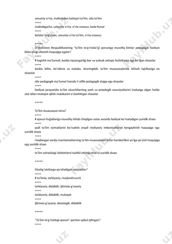 iy pedagogika +++++ fanning asosiy kategoriyalari qaysi javobda to`g`ri berilgan? ==== # tarbiya, o‘qitish, bilim olish (ma’lumot), rivojlanish ==== tarbiya, ta’lim, ma’lumot, shakllantirish ==== ta’lim, ma’lumot, shaxs, muloqot ==== ma’lumot, shaxs, ta’lim, rivojlantirish +++++ ta’limning mazmuni qanday manbalarda aks ettiriladi? ==== # ta’limning mazmuni: o’quv rejalarida, dasturlarida va darsliklarda aks ettiriladi ==== o’quv rejasida va darsliklarda aks ettiriladi ==== ta’limning mazmuni o’quv materiallarda aks ettiriladi ==== ta’limning mazmuni darsliklarda aks ettiriladi +++++ pedagogik tajriba tashkil etilish sharoitiga ko‘ra qanday guruhlarga ajratiladi? ==== # tabiiy tajriba, laboratoriya tajribasi, tajriba ishi ==== evristik tajriba, ijodiy tajriba, innovatsion tajriba ==== individual tajriba, guruh tajribasi, jamoaviy tajriba ==== laboratoriya tajribasi, amaliy tajriba, individual tajriba +++++ insonning biologik mohiyatini o‘zida aks ettiruvchi tushunchani aniqlang? ==== # individ ==== sub’ekt ==== shaxs ==== inson +++++ individ kim? ==== # xatti-harakatlarni shartli reflekslar asosida tashkil etuvchi biologik mavjudot ==== xatti-harakatlarni ongli boshqarish imkoniyatiga ega bo‘lmagan biologik mavjudot …