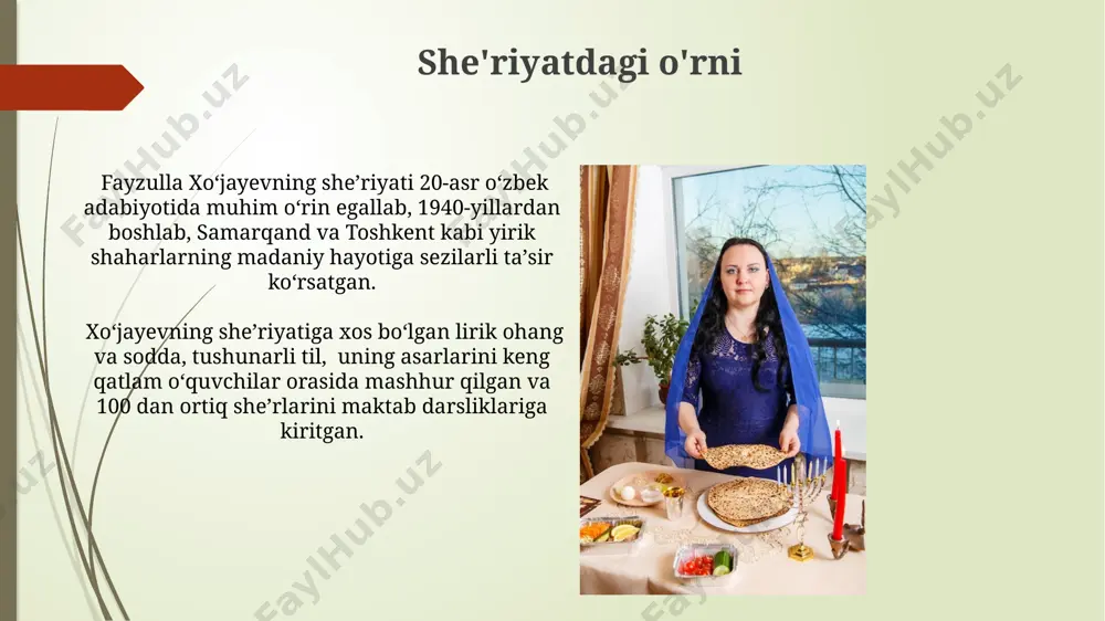 kentdagi pedagogik faoliyati, 20 dan ortiq oʻquvchilarining muvaffaqiyatlari haqida qimmatli maʼlumotlar keltirilgan. kitobda samarqand va buxoro viloyatlaridagi 5 ta maktabda oʻtkazilgan ta'lim islohotlari natijalari, 100 dan ziyod oʻqituvchilarning fikrlari tahlil qilingan. erta yoshdagi faoliyati 1940-yillar oxiri - 1950-yillar boshlarida, 20 yosh atrofida boʻlgan fayzulla xoʻjayev toshkent shahriga koʻchib oʻtib, professional teatr sahnasida oʻz oʻrnini topishga harakat qilgan. yoshligida, taxminan 15 yoshida, u samarqand shahridagi madaniyat uylaridan birida havaskor teatr truppasiga qoʻshilgan va shu davrda bir qancha spektakllarda rol ijro etgan. merosining ahamiyati "мероснинг аҳамияти"да бухоро, самарқанд ва хива каби шаҳарлардаги тарихий ёдгорликларнинг 500 йилдан ортиқ давом этган тараққиёти, уларнинг таъмирлаш ва реставрация ишларига оид 20 дан зиёд мисол келтирилган. файзулла хўжаевнинг "мероснинг аҳамияти" асарида ўзбекистоннинг 19-20 асрларга оид 300 дан ортиқ тарихий обидаларининг архитектураси ва маданий мероси ҳақида батафсил маълумот берилган. e'tiboringiz uchun rahmat @taqdimot_robot image1.jpg image2.jpg image3.jpg image4.jpg image5.jpg image6.jpg image7.jpg image8.jpg image9.jpg image10.jpg image11.jpg image12.jpg