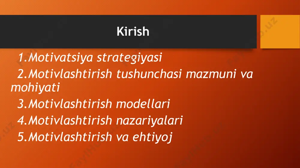 uning turli modellari ishlab chiqilgan va amaliyotda qo'llanib kelinmoqda. ularning asosiylari quyidagilardir: -oqilona (ratsional) model; -insoniy munosabatlarni motivlashtirish; -kompleks motivlashtirish modeli. bu erda kishilarni motivlashtirish uchun moliyaviy dastak mukofot va jazo qo'llaniladi. bu «shirin kulcha» va «qamchi» taktikasidir. ba'zi hollarda bunday yondoshish to'g’ri bo'lar, ammo uning samarasi juda qisqa bo'ladi. boshqa hollarda esa u kishilar o'rtasidagi munosabtga putur yetkazib uzoq muddatga zarar yetkazishi mumkin. ichki omillar: -o’z-o’zini mukammallashtirish -javobgarlik -yutuqlar -tan olinish -ishga berilib ishlash tashqi omillar: -mukofotlash -jazolash ishdan qoniqish ijro sifati bu model maslou va hecberg yondoshuvlariga asoslangan bo'lib, uzoq muddatli motivatsiyani ta'minlovchi omillar sifatida nafaqat ichki omillar, shuningdek tashqi omillar ham muhim deb qaraladi. menejment nazariyasi amerikalik ruhshunos abraxam maslou xx asrning 40 yillarida o’zining ehtiyojlar ustunligi nazariyasini yaratib, kishilar o’z motivlari jarayonida ehtiyoj va qiziqishning 5 turiga tayanadilar dedi. uning ehtiyojlar ierarxiyasi quyidagi ko’rinishga ega. birinchi o’rindagi ehtiyojlar – bu bazis ehtiyojlar, ya’ni, yashashni ta’minlash uchun …