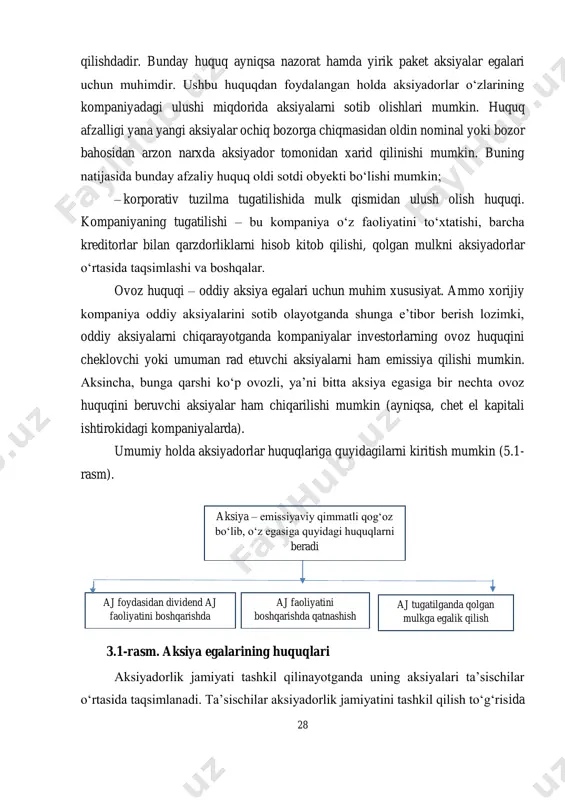 ompaniyadagi ulushi miqdorida aksiyalarni sotib olishlari mumkin. huquq afzalligi yana yangi aksiyalar ochiq bozorga chiqmasidan oldin nominal yoki bozor bahosidan arzon narxda aksiyador tomonidan xarid qilinishi mumkin. buning natijasida bunday afzaliy huquq oldi sotdi obyekti boʻlishi mumkin; – korporativ tuzilma tugatilishida mulk qismidan ulush olish huquqi. kompaniyaning tugatilishi – bu kompaniya oʻz faoliyatini toʻxtatishi, barcha kreditorlar bilan qarzdorliklarni hisob kitob qilishi, qolgan mulkni aksiyadorlar oʻrtasida taqsimlashi va boshqalar. ovoz huquqi – oddiy aksiya egalari uchun muhim xususiyat. ammo xorijiy kompaniya oddiy aksiyalarini sotib olayotganda shunga eʼtibor berish lozimki, oddiy aksiyalarni chiqarayotganda kompaniyalar investorlarning ovoz huquqini cheklovchi yoki umuman rad etuvchi aksiyalarni ham emissiya qilishi mumkin. aksincha, bunga qarshi koʻp ovozli, yaʼni bitta aksiya egasiga bir nechta ovoz huquqini beruvchi aksiyalar ham chiqarilishi mumkin (ayniqsa, chet el kapitali ishtirokidagi kompaniyalarda). umumiy holda aksiyadorlar huquqlariga quyidagilarni kiritish mumkin (5.1- rasm). 3.1-rasm. aksiya egalarining huquqlari aksiyadorlik jamiyati tashkil qilinayotganda uning aksiyalari taʼsischilar oʻrtasida …