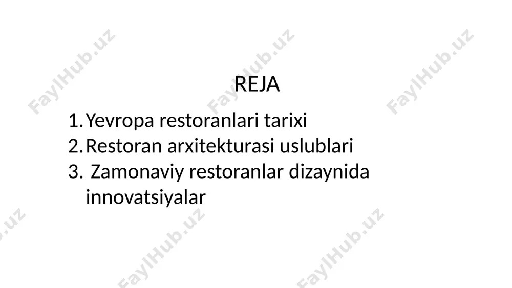 toranlar ko'proq mehmonxona va tavernlarga o'xshab ketgan va oddiy odamlarga ovqatlanish va dam olish joyi bo'lgan. 3 uyg'onish davri uyg'onish davrida restoranlar yanada murakkablashib, ularning ichki bezagi va ovqatlanish uslubi yaxshilandi. 6 barokko uslubi hashamatli dekor barokko restoranlari hashamatli bezaklar, oltin ranglar va murakkab naqshlar bilan ajralib turadi. katta hajmli xonalar ular odatda keng, baland shiftli xonalarga ega bo'lib, hashamatli atmosferani yaratadi. simmetriya va tartib barokko uslubida me'morchilik elementlari, bezaklar va mebellar tartib va simmetriya tamoyillariga asoslangan. 7 rokoko uslubi 1 yengil va hazil rokoko uslubi yengil, hazil-mutoyiba uslubi bilan ajralib turadi. 2 yumshoq ranglar pastel ranglar va oq rang ustunlik qiladi va xonalarga yorqinlik va quvnoqlik bag'ishlaydi. 3 qayriq chiziqlar rokoko uslubidagi me'morchilik va bezaklar qayriq chiziqlar bilan ajralib turadi, bu esa nazokat va yengillik hissini yaratadi. 8 xix asrning o'rtalarida viktorian uslubi viktorian uslubi quyuq yog'och panellari, baxmal qoplamalar va murakkab o'choqlar bilan ajralib turadi. art nouveau uslubi …