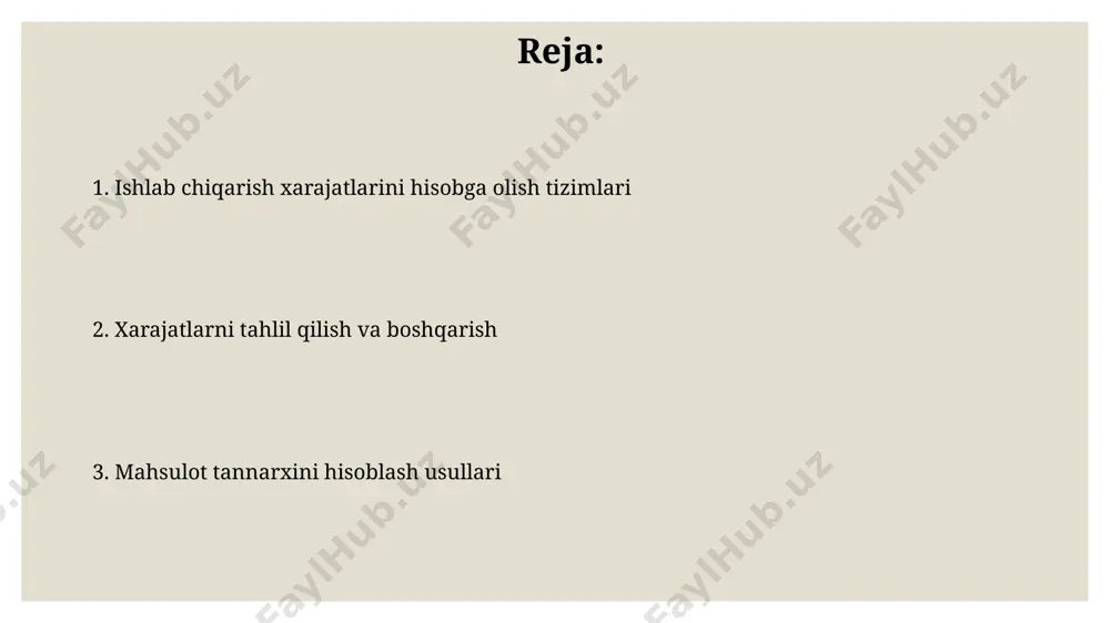 hisobotlarni tahlil qilishda, masalan, 1000 ta mahsulot ishlab chiqarish uchun sarflangan to'g'ridan-to'g'ri materiallar xarajatlarini aniqlash va bu xarajatlarning birlik narxiga (bir mahsulotga) ta'sirini hisoblash muhimdir. mahsulot tannarxini hisoblashda, ish haqi xarajatlari, ishlab chiqarishning umumiy hajmi va mehnat unumdorligi ko'rsatkichlari bo'yicha batafsil tahlil o'tkazish, ya'ni 10% dan ortiq o'sish yoki pasayish sabablarini aniqlash zarur. xomashyo va materiallar xarajatlari 2023 йилнинг биринчи чорагида хомашё ва материаллар харидига 50 миллион сўм маблағ сарфланган бўлиб, бу ўтган йилнинг шу даврига нисбатан 15% га кўпдир. хомашё ва материалларнинг ўртача бирлигига тўғри келадиган нархи 1500 сўмни ташкил этиб, бу жами ишлаб чиқариш харажатларининг 30% ни ташкил этади. to'g'ridan-to'g'ri ishlab chiqarish xarajatlari to'g'ridan-to'g'ri xarajatlarni hisoblashda, birlik xarajatini aniqlash uchun jami to'g'ridan-to'g'ri xarajatlar ishlab chiqarilgan mahsulotlar soniga bo'linadi, masalan, 10 000 so'm to'g'ridan-to'g'ri xarajat 100 dona mahsulot uchun birlikka 100 so'mni tashkil etadi. to'g'ridan-to'g'ri ishlab chiqarish xarajatlarini aniqlashda, masalan, 100 dona mahsulot ishlab chiqarish uchun sarflangan xom ashyo …