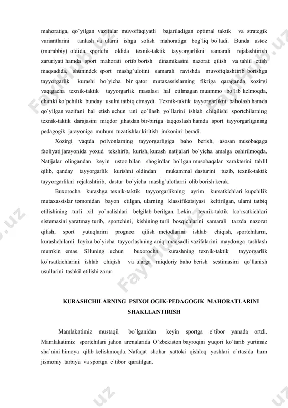 li ravishda muvofiqlashtirib borishga tayyorgarlik kurashi bo`yicha bir qator mutaxassislarning fikriga qaraganda xozirgi vaqtgacha texnik-taktik tayyorgarlik masalasi hal etilmagan muammo bo`lib kelmoqda, chunki ko`pchilik bunday usulni tatbiq etmaydi. texnik-taktik tayyorgarlikni baholash hamda qo`yilgan vazifani hal etish uchun uni qo`llash yo`llarini ishlab chiqilishi sportchilarning texnik-taktik darajasini miqdor jihatdan bir-biriga taqqoslash hamda sport tayyorgarligining pedagogik jarayoniga muhum tuzatishlar kiritish imkonini beradi. xozirgi vaqtda polvonlarning tayyorgarligiga baho berish, asosan musobaqaga faoliyati jarayonida yoxud tekshirib, kurish, kurash natijalari bo`yicha amalga oshirilmoqda. natijalar olingandan keyin ustoz bilan shogirdlar bo`lgan musobaqalar xarakterini tahlil qilib, qanday tayyorgarlik kurishni oldindan mukammal dasturini tuzib, texnik-taktik tayyorgarlikni rejalashtirib, dastur bo`yicha mashg`ulotlarni olib borish kerak. buxorocha kurashga texnik-taktik tayyorgarlikning ayrim kursatkichlari kupchilik mutaxassislar tomonidan bayon etilgan, ularning klassifikatsiyasi keltirilgan, ularni tatbiq etilishining turli xil yo`nalishlari belgilab berilgan. lekin texnik-taktik ko`rsatkichlari sistemasini yaratmay turib, sportchini, kishining turli bosqichlarini samarali tarzda nazorat qilish, sport yutuqlarini prognoz qilish metodlarini ishlab chiqish, sportchilarni, kurashchilarni loyixa …