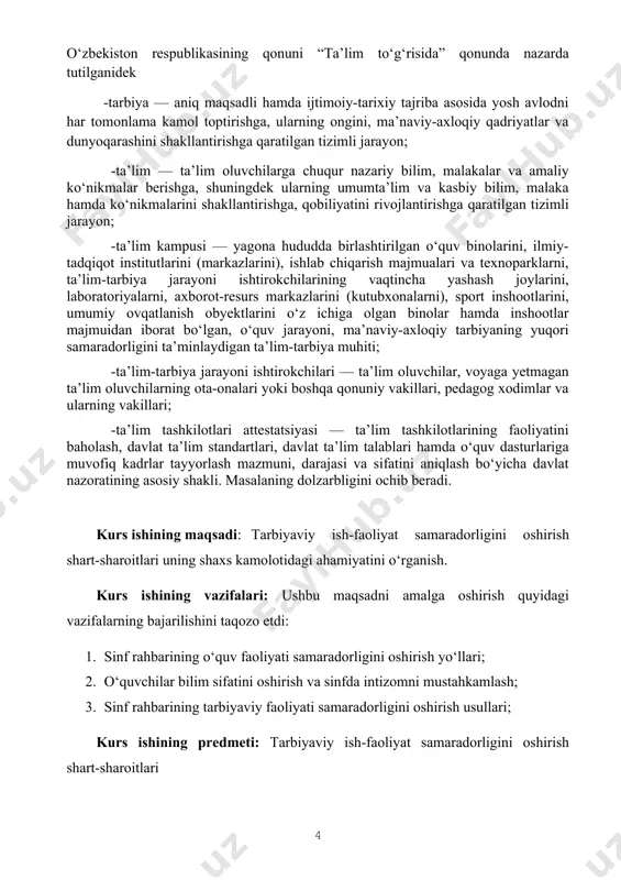 ularning vakillari; -ta’lim tashkilotlari attestatsiyasi — ta’lim tashkilotlarining faoliyatini baholash, davlat ta’lim standartlari, davlat ta’lim talablari hamda o‘quv dasturlariga muvofiq kadrlar tayyorlash mazmuni, darajasi va sifatini aniqlash bo‘yicha davlat nazoratining asosiy shakli. masalaning dolzarbligini ochib beradi. kurs ishining maqsadi: tarbiyaviy ish-faoliyat samaradorligini oshirish shart-sharoitlari uning shaxs kamolotidagi ahamiyatini o‘rganish. kurs ishining vazifalari: ushbu maqsadni amalga oshirish quyidagi vazifalarning bajarilishini taqozo etdi: 1. sinf rahbarining o‘quv faoliyati samaradorligini oshirish yo‘llari; 2. o‘quvchilar bilim sifatini oshirish va sinfda intizomni mustahkamlash; 3. sinf rahbarining tarbiyaviy faoliyati samaradorligini oshirish usullari; kurs ishining predmeti: tarbiyaviy ish-faoliyat samaradorligini oshirish shart-sharoitlari kurs ishining metodologik asosi: o‘zbekiston respublikasining konstitutsiyasi, o‘zbekiston respublikasi prezidentining qarorlari “ta’lim to‘g‘risidagi qonuni, vazirlar mahkamasining tegishli qarorlari, “o‘zbekiston respublikasi maktabgacha ta‘lim vazirligi faoliyatini tashkil etish to‘g‘risidagi farmon, sohaga oid qarorlar,farmonlar. kurs ishining metodlari: -mavzuga oid adabiyotlarni o‘rganish, pedagogik tahlil, kontent tahlil, so‘rov, anketa. kurs ishining tuzilishi va hajmi. kurs ishi kirish, asosiy qism uchta paragraf, …