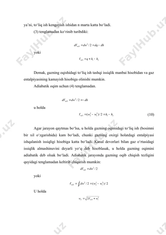 i p2/p1=1 deb qabul qilsak, u holda (14) formulaga ko‘ra gaz sarfi nolga teng bo‘ladi. haqiqatan ham p1=p2 da bosimlar farqi bo‘lmaydi va oqib chiqish jarayonining bo‘lishi mumkin emas. agar (14) formulaga p2/p1 ning qyimatini 0 dan 1 ga qadar ketma-ket qo‘yib borsak, gaz sarfining o‘zgarishi 3-rasmda ko‘rsatilgan egri chiziq bilan tasvirlanadi. 3-rasm. ak egri chiziqdan ko‘rinib turibdiki, p2/p1 nisbatni kamayishi bilan gaz sarfi ortadi va p2/p1=(q bo‘lganda m maksimumga erishadi. (p2(0,5p1). p2/p1 nisbat yanada kamayganda (14) formulaga ko‘ra gaz sarfi kd egri chiziq bo‘yicha kamayishi, p2/p1=0 da (to‘la vakuum), p2=0 da esa gaz sarfi nolga teng bo‘lishi kerak. (b nuqta). xaqiqatda esa p2/p1 nisbat kamayganida gaz sarfi ortib maksimumga yetadi va gaz chiqib ketayotgan muhitda bosimning kamayishidan qat’i nazar, o‘zgarmas bo‘lib qoladi (kd chiziq). demak, (k v1(6-rasm) ts-diagrammada drossellashni bir gorizantalda joylashgan 1 va 2 nuqtalar bilan tasvirlash mumkin. lekin 1-2 izoterma drossellash jarayoniga mos keladi deb aytib bo‘lmaydi, …