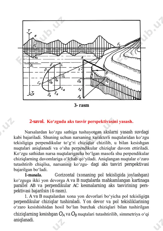 tasviri perspektivasi bajarilsin (7- rasm). 1. to‘g‘ri burchakning ac chizig‘i pol tekisligida bo‘lgani uchun a nuqta p bilan tutashtirilib, ko‘zgu asosiga perpendikular ap chiziq o‘tkaziladi va oa nuqta topiladi. oa dan vertikal to‘g‘ri chiziq chizilib, simmetriya o‘qi hosil qilinadi. 7- rasm 2. ufq chizig‘ida ixtiyoriy nuqta f1 tanlab olinadi va u oa bilan tutashtirihb davom ettiriladi hamda ac chiziqda o nuqta belgilanadi. oa radiusda ac chiziqqa a nuqta olib o‘tiladi va u a1 deb belgilanadi. a1 nuqta f1 bilan tutashtirilsa, oap chiziqni aa nuqtada kesadi. aa —a nuqtaning ko‘zgudagi aksi hisoblanadi va undan vertikal hamda gorizontal to‘g‘ri chiziqlar chiziladi. bp chiziqda ba, cp chiziqda ca akslar hosil bo‘ladi. baaaca — berilgan bac to‘g‘ri burchakning ko‘zgudagi aksi bo‘ladi. 5-masala. kartinaga qiya, pol tekisligiga perpendikular (vertikal) ko‘zguda bac to‘g‘ri burchakning aks tasviri perspektivasi bajarilsin (8-rasm). 1. ko‘zguga b, a, c nuqtalardan perpendikular chiziqlar o‘tkazish uchun f1 nuqta aniqlanishi zarur. buning uchun p …