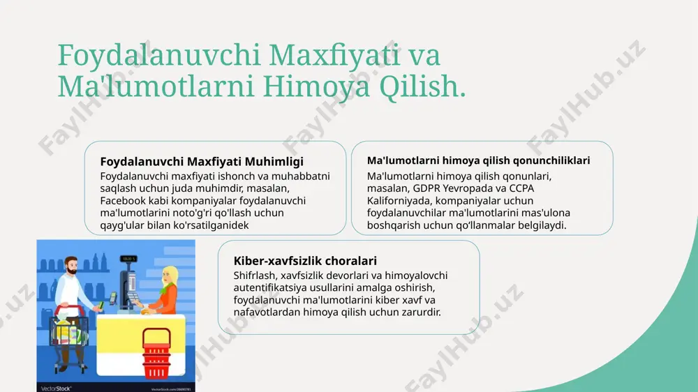 nuvchi qoniqish va qaytarishni oshirish uchun shaxsiy tavsiyalarni taqdim etishni oʻz ichiga oladi. bozorga qatnashish strategiyalari ijtimoiy media kampaniyalarini amalga oshirish, reklama tadbirlarini tashkil etish va maqsadli auditoriyaga samarali yetib borish va ularga bog'lanish uchun influenserlar bilan hamkorlik qilish. muvaffaqiyatni oʻlchash foydalanuvchi tajribasining va bozor qatnashish harakatlari samaradorligini baholash uchun konversiya darajalari, mijozlarni qaytarish, va mijozlarning qoniqtirish natijalari kabi asosiy koʻrsatkichlarn bozor reglamentatsiyasi va foydalanuvchi huquqlari advokatiya bozor raqobatiga dovlatchilik tartiboti davlatning tartibotlari, masalan, monopoliyalarni oldini olish va bozorda adolatli raqobatni taʼminlash maqsadida antimonopol qonunlari kabi, qaror qiladi. isteʼmolchi himoya qonunlari va siyosatlari isteʼmolchi haq-huquqlarini taʼminlovchi qonunlar, mahsulotlarni qaytarish huquqi va yolgʻon reklama qarshi himoya kabi, bozorda foydalanuvchilar huquqlarini himoya qiladi. elektron ma'lumotlarning maxfiylik va ma'lumotlarni himoya qilish uchun ijrochilik foydalanuvchi huquqlarini himoya qilish, shaxsiy ma'lumotlarning onlayn to'plash va foydalanishini tartibga soluvchi qonun hujjatlari uchun kurashni o'z ichiga oladi. sanoat sohalaridagi sheriklar bilan adolatli savdo amaliyotlari uchun hamkorlik sanoat sohalaridagi …