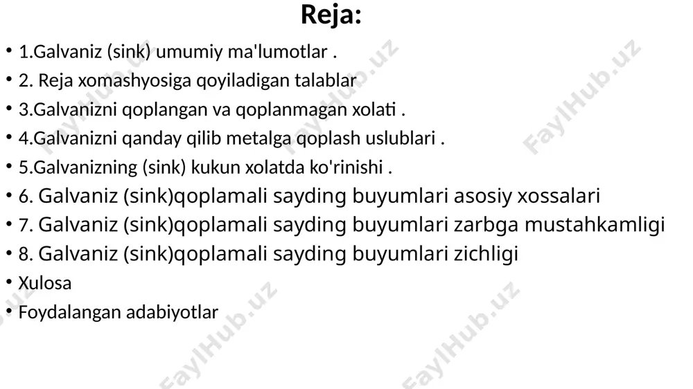 iladi. 1. asosiy xossalari kimyoviy tarkibi – materialning barqarorligi va mustahkamligini ta’minlaydi. strukturaviy bir xillik – materialning fizik-mexanik xossalarini yaxshilaydi. namlik darajasi – optimal darajada bo‘lishi kerak, ortiqcha namlik deformatsiyaga olib kelishi mumkin. 2. aniqlash usullari laboratoriya sinovlari – zichlik, mustahkamlik va boshqa xossalarni aniqlash. mexanik sinovlar – bosim, cho‘zilish va egilish sinovlari orqali sifatni tekshirish. vizual baholash – yuzasi tekisligi va nuqsonlarning borligini aniqlash. 3. zichligi materialning zichligi uning mustahkamligini aniqlaydi. kam zichlik – yengillik va issiqlik izolatsiyasi uchun muhim. yuqori zichlik – mexanik yuklarga chidamlilikni oshiradi. 4. mustahkamligi yuk ko‘tarish qobiliyatiga bog‘liq. cho‘zilish, bosim va egilish kuchlariga bardosh berishi kerak. ishlatiladigan soha talablariga mos bo‘lishi lozim. 5. shovqinga chidamliligi material ovoz yutish xususiyatiga ega bo‘lishi kerak. akustik izolyatsiyani ta’minlashi lozim. muhandislik loyihalarida talab etiladigan darajada shovqinni kamaytirish xususiyatiga ega bo‘lishi zarur. bu talablar mahsulot sifatini oshirish va uning uzoq muddat ishlashini ta’minlash uchun muhim hisoblanadi. 2-yo'li 2. elektro-galvanizatsiya …
