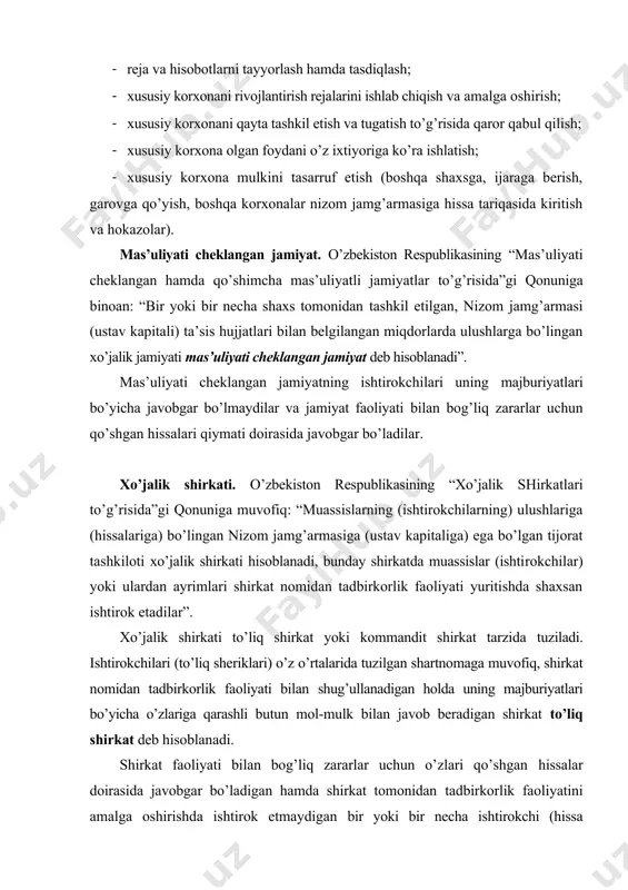 eb hisoblanadi. shirkat faoliyati bilan bog’liq zararlar uchun o’zlari qo’shgan hissalar doirasida javobgar bo’ladigan hamda shirkat tomonidan tadbirkorlik faoliyatini amalga oshirishda ishtirok etmaydigan bir yoki bir necha ishtirokchi (hissa qo’shuvchi, kommanditchi) mavjud bo’lsa, bunday shirkat kommandit shirkat deb ataladi. xo’jalik shirkatini oliy boshqaruv organi shirkat ishtiroqchilarining umumiy yig’ilishi hisoblanadi. umumiy yig’ilish vakolatlariga quyidagilar kiradi: · shirkat faoliyatining asosiy yo’nalishlarini belgilash; · shirkatni qayta tashkil etish va tugatish; · ta’sis shartnomasiga o’zgartirishlar va qo’shimchalar kiritish; · shirkat foydasini (zararini) uning ishtirokchilari o’rtasida taqsimlash; · shirkat nizom jamg’armasini (ustav kapitalini) ko’paytirish va kamaytirish; · yillik hisobotlarni va buxgalteriya balanslarini tasdiqlash; · shirkatning har bir ishtirokchisi shirkat nomidan ish yuritishga hakdidir. shirkat ishlari uning ishtirokchilari tomonidan birgalikda yuritilsa har bir bitimni amalga oshirish uchun shirkat barcha ishtirokchilarning roziligi talab etiladi. shirkat ishlarini yuritish uning ishtirokchilari tomonidan ulardan biri yoki ayrimlariga topshirilsa, qolgan ishtirokchiga shirkat nomidan bitimlarni amalga oshirish uchun shirkat ishlarini yuritish zimmasiga …