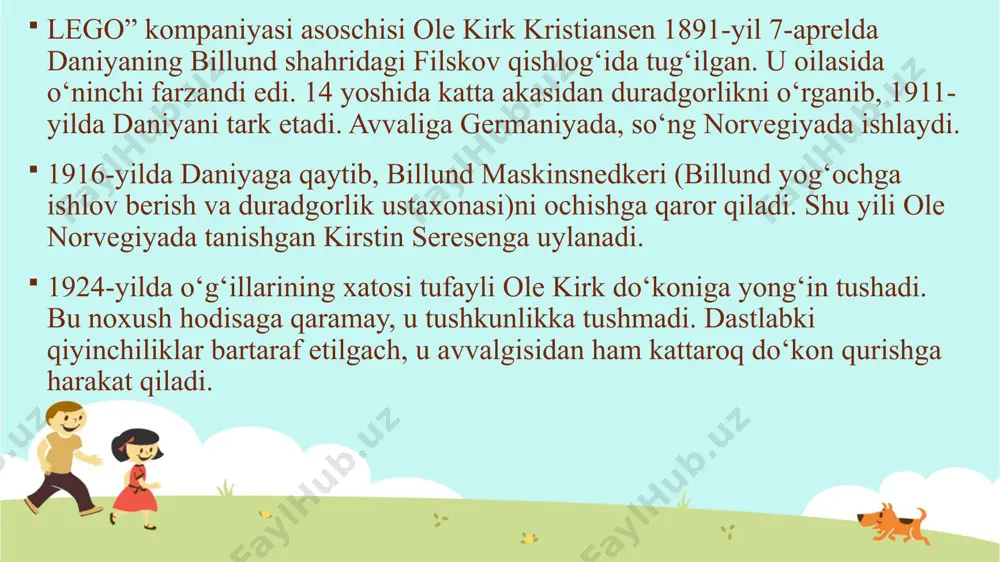 mi ostida sotuvga chiqdi — bugungi kunda ko‘pchilikka ma’lum “lego” kubiklarining o‘tmishdoshi hisoblanadi. 1940−50-yillar oralig‘ida “lego” assortimenti juda katta bo‘lgan, lekin odatda yog‘och va plastmassa ishlab chiqaradigan boshqa kompaniyalaridan farq qilmagan. bolalar uchun plastik to‘plar, yo‘l harakati qoidalari bo‘yicha stol o‘yini, hayvonlarning yog‘och haykalchalari, avtomobillar va boshqalarni taqdim etgan. 1958-yil ole kirk kristiansen vafot etadi. uning o‘rniga o‘g‘li gotfrid direktorlar kengashi prezidenti bo‘ladi, 1960-yilga kelib esa aka-ukalarining aksiyalarini sotib olib, kompaniyaning yagona egasi bo‘ladi. dastlabki “lego"lar birinchi “lego” kubiklari bir nechta o‘lchamlarda paydo bo‘ldi: 2×2, 2×4 g‘ishtli, 2×3 va 2×4 poydevorli derazalar va 2×4 eshiklar. ularning kombinatsiyasi deyarli har qanday uyni qurishga yetardi. birinchi to‘rtta kubik (g‘isht) to‘plami “700/1, 700/2, 700/3 va 700/4” deb nomlangan. “700/x” seriyali to‘plam 1960-yillarning o‘rtalariga qadar ishlab chiqarilgan. 1956-yilda mahsulotlar dastlab shvetsiya, germaniya, keyin shveysariya, fransiya va buyuk britaniya kabi mamlakatlarga eksport qilina boshlandi. ammo, 1960-yilda yog‘och bilan ishlagan ustaxona yonib ketadi. gotfrid kirk o‘ylab …
