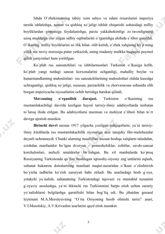 davr adabiyotida tarixni soxtalashtirish va buzib talqin etish sohasida o`ziga xos an`ana shakllandi. turkiston o`lkasida bo`lib o`tgan barcha milliy ozodlik harakatlari haqida ijobiy fikr bildirish u yoqda tursin, bor haqiqatni yozish go`yo rus xalqiga qaratilgan millatchilik sifatida baholanar edi. xix asrning ikkinchi yarmidan milliy ozodlik harakatiga munosabat bildirish “ulug` rus xalqi bilan bo`lgan do`stlikka raxna solish” sifatida siyosiy xatoga yo`l qo`yildi. bu davrda yozilgan asarlar soxtalashtirilib, bo`rttirib ko`rsatildi. to`rtinchi davrga oid adabiyotlar tarixshunoslikda “qayta qurish” deb nom olgan 80-yillarning ikkinchi yarmidan to turkistonning mustaqillikka erishuviga qadar va mustaqillik yillarida vujudga kelgan asarlar majmuasidan iborat. mavzuning manbaviy asosi. bitiruv malakaviy ishning manbaviy asosini prezident i.a.karimov asarlari, risolalari, azamat ziyoning “o`zbek davlatchilik tarixi”; r.bakirovning “chor turkistonda sud, shariat va odat”; n.bobobekovning “o`rta osiyo rossiyaga qo`shib olinganmi”; h.ziyoyevning “turkistonda rossiya tajovuzi va hukmronligiga qarshi kurash; h.ziyoyevning “istiqlol – ma`naviyat negizi”; ibratning “farg`ona tarixi”; m.hasaniyning “turkiston bosqini”; s.soatovning “o`rta osiyoning rossiyaga qo`shib olinishi va …
