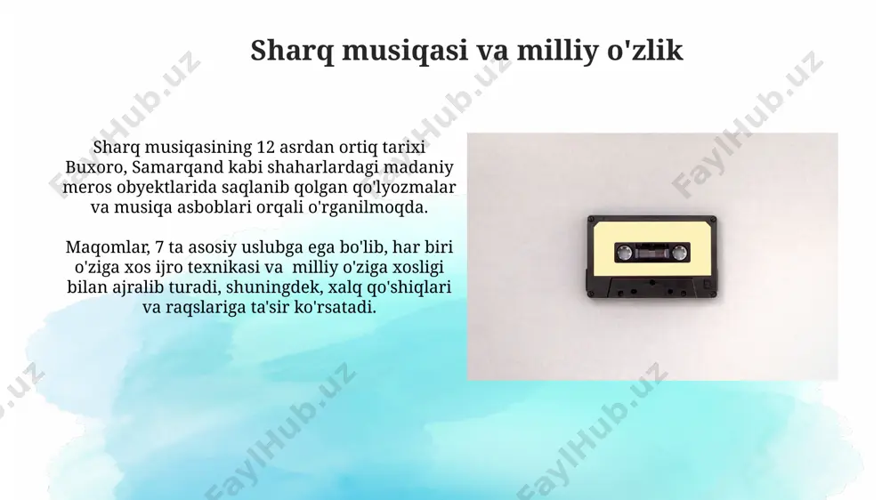 lar. sharq musiqa ta'limi an'analarida 12 yoshdan 18 yoshgacha bo'lgan shogirdlarga maqomlar, usullar va ashulalarni o'rgatish buxoro, samarqand va xivada keng tarqalgan edi. sharq musiqasidagi janrlar xilma-xilligi turkiston mintaqasidagi bastakorlar 19-asrda yangi janrlar, jumladan, romans va kuy-qoʻshiqlarni yaratishda gʻarbiy musiqa taʼsirlaridan foydalanganlar. sharq musiqasida 12 ta asosiy maqom tizimi mavjud boʻlib, ularning har biri oʻziga xos uslub va xususiyatlarga ega, masalan, buxoro, samarqand va xivada har xil talqinlarda ijro etiladi. sharq musiqasining ta'siri 17-asrda, hindiston va eron musiqalarining ta'siri ostida, sharq musiqasida yangi janrlar, asboblar va uslublar paydo bo'lib, uning geografik chegaralarini kengaytirgan. sharq musiqasi, 8-15-asrlar oralig'ida buxoro va samarqand kabi yirik shaharlardagi madaniy hayotga chuqur ta'sir ko'rsatib, ko'plab musiqa maktablari va ijrochilarining yetishishiga sabab bo'lgan. e'tiboringiz uchun rahmat @taqdimot_robot image2.jpg image3.jpg image4.jpg image5.jpg image6.jpg image7.jpg image8.jpg image9.jpg image10.jpg image11.jpg image12.jpg image13.jpg image14.jpg image15.jpg image16.jpg image17.jpg image18.jpg image1.png