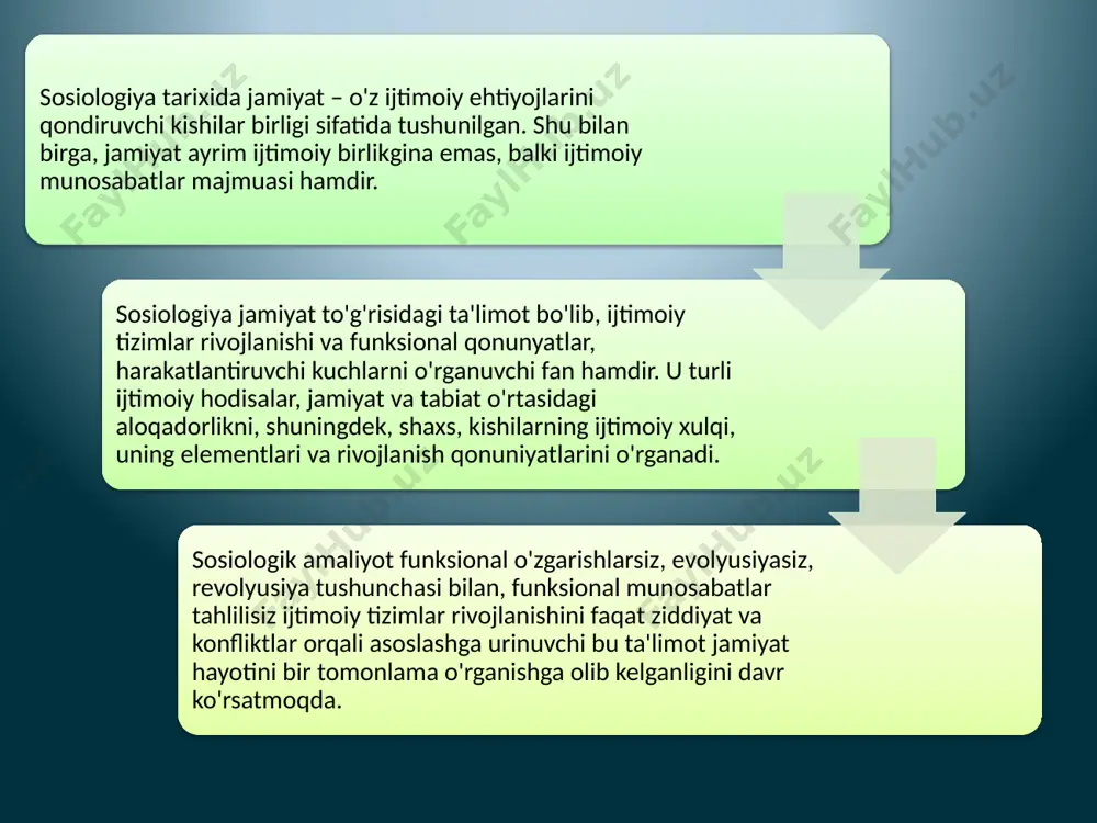 ar majmui; - moddiy boyliklar, tabiiy zaxiralar. jamiyatning ma’naviy xayotiga olamni tushunish, jamiyat va inson to’risidagi qarashlar, nazariyalar, ta’limotlar, oyalar, mafkura, ijtimoiy ong shakllari, ta’lim-tarbiya, axborot vositalari, madaniyat, ilm-fan muassasalari va boshqalar kiradi. jamiyatning moddiy va ma’naviy xayotini boshqarish, kishilar o’rtasidagi munosabatlarni tartibga solishda turli siyosiy institutlar (davlat, siyosiy partiyalar, tashkilotlar, turli uyushmalar) muxim o’rin tutadi. jamiyatni boshqarishning siyosiy-xuquqiy jixatlari xam muximdir. kishilar tamonidan siyosiy va xuquqiy bilimlarning chuqur o’zlashtirilishi jamiyatning barqaror yashashi va rivojlanishida muxim axamiyat kasb etadi. jamiyat rivoji, kishilarning moddiy va ma’naviy extiyojlari qondirilishida mexnat, mulk va mexnatning ijtimoiy taqsimlanishi beqiyos axamiyatga ega. mexnatning kishilarning qobiliyatiga qarab ijtimoiy taqsimlanishi natijasida muayyan kasb-kor bilan shuullanadigan toifalar, gurux, qatlam va sinflar vujudga keladi va ular jamiyat strukturasida o’ziga xos o’rin egalaydi, jamiyat taraqqiyotiga muayyan xissa qo’shadi. jamiyat xayotiga barqarorlik va beqarorlik xam xos. xar bir inson o’z oldiga qo’ygan maqsadlariga erishish uchun osoyishtalik va tinchlikka muxtoj bo’lgani kabi, jamiyat …