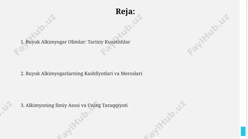 aklda berilgan. buyuk alkimyogarlarning asarlari orasida taxminan 150 dan ortiq qo'lyozma va kitoblar mavjud bo'lib, ularning aksariyati arab va fors tillarida yozilgan. alkimyo va falsafa "alkimyo va falsafa" da tabiatning 4 elementi (olov, suv, havo, yer) va ularning inson tanasi va ruhi bilan o'zaro munosabatlari haqida 30 dan ortiq sahifa bag'ishlangan. "alkimyo va falsafa" asari 12-13-asrlarga mansub bo'lib, o'rta asr islom falsafasi va alkimyosi taraqqiyotiga katta hissa qo'shgan 20 dan ortiq olimlar haqida ma'lumot beradi. kitobda metallarni transmutatsiya qilish, ya'ni bir metallni boshqasiga aylantirishga oid 7 ta asosiy nazariya va amaliy usullar bayon etilgan. alkimyogarlarning tajribalari va kashfiyotlari 15-asrda yashagan alkimyogarlar distillash va sublimatsiya kabi 3 ta asosiy kimyoviy jarayonlarni rivojlantirib, kimyo fanining rivojlanishiga hissa qo'shishdi. alkimyogarlar oltin olishga oid 100 dan ortiq retseptlarni ishlab chiqdilar, ularning ko'pchiligi simob, oltingugurt va boshqa metallarni birlashtirishga asoslangan edi. ba'zi alkimyogarlar ruhiy va jismoniy sog'liqni yaxshilash uchun 7 ta asosiy metallardan dorilar yaratishga …