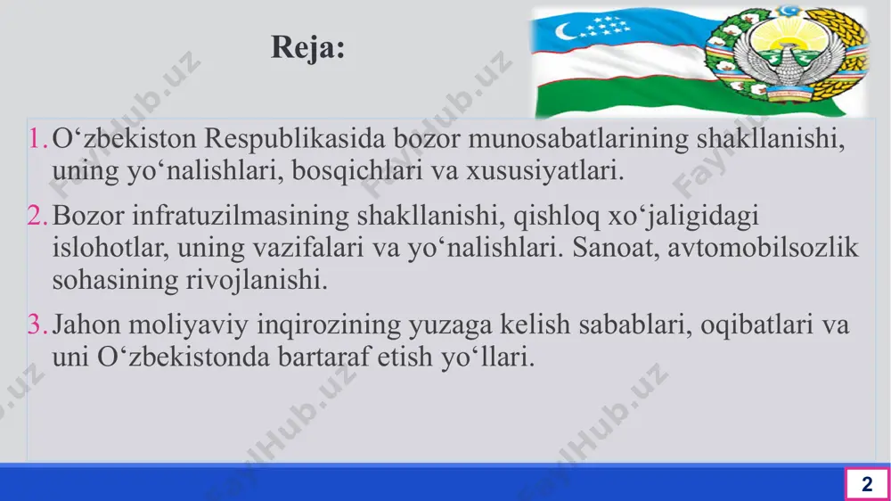 ror topishiga, daromadning cheklanmaganligiga erishish demakdir. 5 bozor munosabatlariga asoslangan demokratik jamiyat qurishning asosiy tamoyillari 1 iqtisod siyosatdan ustun turib mafkuraviy tayziqlarsiz, o'ziga xos ichki qonunlarga muvofiq rivojlanmog'i kerak: 2 davlat bosh islohotchi o'rnida bo'lib, uning yo'nalishlarini belgilab beradi va amalga oshiradi: 3 bozor munosabatlariga o'tish qonun ustivorligini talab qiladi. butun xalq tomonidan qabul qilingan konstitusiya va qonunlarga amal qilinishi shart: 4 bozor munosabatlarini joriy etish bilan bir vaqtda aholini kuchli himoya qilishning kuchli ijtimoiy siyosatini o'tkazish; 5 bozor iqtisodiyotiga o'tish evolyusion yo'l bilan, bosqichma-bosqich amalga oshirilmog'i zarur. asosiy tamoyillarning mohiyati 1 iqtisodiyotning siyosatdan ustunligi iqtisodiy islohotlar hech qachon siyosat ortida qolmasligi kerak, u biror mafkuraga bo‘ysundirilishi mumkin emas. buning ma’nosi shuki, iqtisodiyot siyosatdan ustun turishi kerak. ham ichki, ham tashqi iqtisodiy munosabatlarni mafkuradan holi qilish zarur 2 davlat bosh islohotchi, iqtisodiy o‘zgartirishlarning tashabbuskori davlat bosh islohotchi bo‘lishi lozim. u islohotlarning ustuvor yo‘nalishlarini belgilab berishi, o‘zgarishlar siyosatini ishlab chiqishi va …