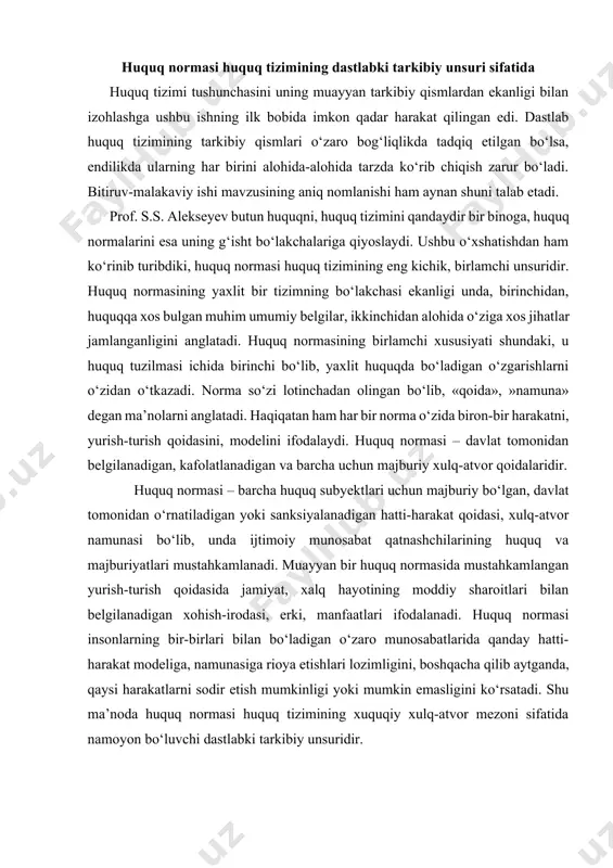 adigan o‘zaro munosabatlarida qanday hatti-harakat modeliga, namunasiga rioya etishlari lozimligini, boshqacha qilib aytganda, qaysi harakatlarni sodir etish mumkinligi yoki mumkin emasligini ko‘rsatadi. shu ma’noda huquq normasi huquq tizimining xuquqiy xulq-atvor mezoni sifatida namoyon bo‘luvchi dastlabki tarkibiy unsuridir. huquq normasi prof. z. m. islomovning yozishicha, quyidagi o‘ziga xos xususiyatlarga ega: · huquq normasi jamiyat, davlat va shaxs uchun qadr-qimmatli bo‘lgan, ahamiyatga molik bo‘lgan ijtimoiy munosabatlarni o‘zida aks ettiradi. bunda adolat va erkinlik g‘oyalari bilan belgilanadigan ijtimoiy munosabatlar huquq(qonun) yo‘li bilan tartibga solish predmetiga aylanadi. shuni aytib o‘tish joizki, huquq normalarida ijtimoiy voqe’lik, uning yo‘nalishlari va rivojlanish istiqbollarini ifodalashning o‘ziga xosligi va murakkabligi e’tibor markazida bo‘lmog‘i darkor. zero, ilmiylik tamoyilidan chekinish xato, nobop huquq normalarining qabul qilinishiga sabab bo‘lishi mumkin. huquq normalarida aks ettirilgan ijtimoiy munosabatlar muhimlik, dolzarblik darajasidan kelib chiqib, ularning huquq tizimida tutgan o‘rnini belgilab beruvchi omil vazifasini o‘taydi. eng muhim munosabatlarni tartibga soluvchi huquq normalari huquq tizimida yetakchi ahamiyatga …