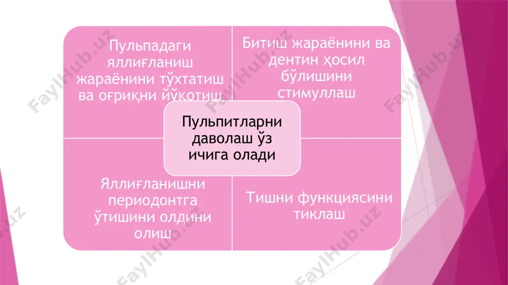 йодинол; 0,1-10% димексид; 0,06-0,3% хлоргексидин ферментлар: трипсин; лизоцим; химопсин. анестетиклар: 0,5% новокаин эр-си; 0,5% этоний эр-си. кариоз кавакни ёғсизлантириш ва қуритиш стерил пахта тампонлари; илиқ хаво “сикко тим”; “нетислад” даволовчи малхам қўйиш: dycal, calcipulpe, calcimol, life. доимий пломба қўйиш пульпитни биологик даволаш усули биологик усулга қарши кўрсатма инфекцияни пульпага кириш йўли муҳим аҳамиятга эга. агар кариес тишни бўйин қисмида жойлашган бўлса, инфекция патологик чўнтак орқали илдиз чўққисидан кирса беморни ёши 40-дан ошган бўлса ва атеросклероз ва хафақонлик аломатлари бўлганда пульпани электр сезувчанлиги – 40 мка дан юқори бўлса рентгенографияда периодонт тирқишининг кенгайиши ва деструктив ўзгаришлари бўлса ўткир яллиғланиш жараёни кенг тарқалган бўлса конкрементоз ва гангреноз пулпитда агарда тиш сунъий қоплама остига олинаётган бўлса. пульпани тасодифан очилишида даволаш учун ca(oh)2 малхамини қўйиш (схема). 1- пломба ; 2- ажратувчи таглик; 3- сунъий дентиндан ажратувчи таглик; 4- ca(oh)2 очилиб қолган пулпа шохида тўлиқ бўлмаган калцификация стрелка билан кўрсатилган эмал ва дентинни травматик синиши, …