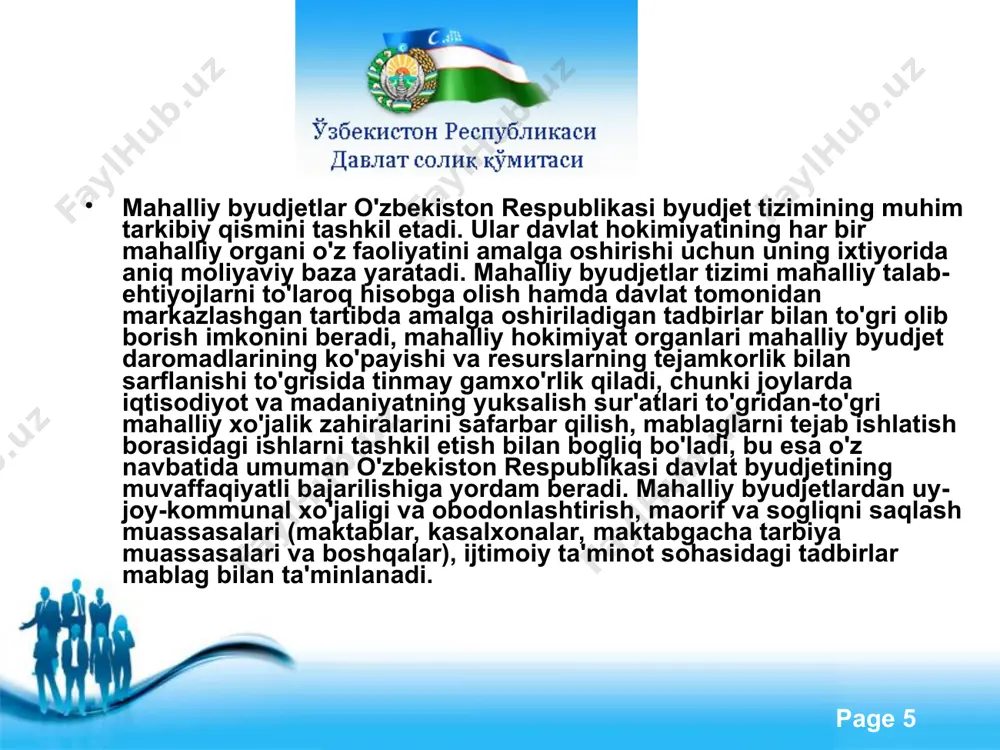 hda o`zining daromadi, mulki, to`lash qobiliyatiga qarab ishtirok etishini taqozo etadi. soliqqa tortish tamoyillari adolatlilik mutanosiblik samaradorlik aniqlilik qulaylilik soliq to’lovchining haqligi tejamlilik free powerpoint templates page * foydalanilgan adabiyotlar ro'yxati. 1. s. rahmonov "soliq imtiyozi - rivojlanish kafolati" xalq so'zi 2009 - yil 28 -yanvar 2. qudratov botir "soliq va axborot texnologiyalari" xabar 2010 - yil 16 - aprel 3. a. boliyev "soliq sohasidagi dolzarb vazifalar" xalq so'zi 2010 - yil 17 - fevral 4. a. altiyev "soliq qommchiligi yanada takomillashtirildi" xalq so'zi 2010 - yil 15 - yanvar 5. d. ulug'murodov "soliq imtiyozi - manfaatdorlik garovi" hayot maktabi 2009 -yil 5 - mart 6. i. karimov soliq to'lovchining jurnali 2010 -yil iyul 7-son 7. f. bozorov "soliq tizimi orqali tadbirkorlik tuzilmalarining innovatsion -investitsion faolligini rag'batlantirish" b.p.k. jurnali 2010 - yil 9 - son 8. sherzod jalilov "yoqilg'i - energetika korxonalarini soliqqa tortish mexanizmini rivojlantirish yo'llari" b.p.k. jurnali 2010 …