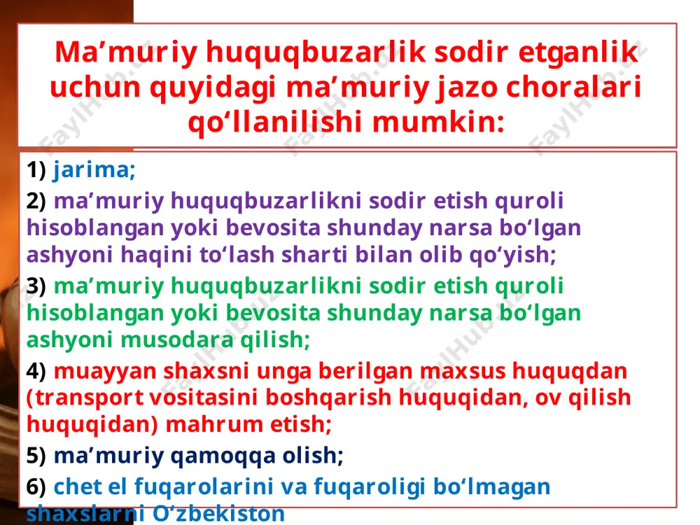 yoki protest qanoatlantirilmaganligi to‘g‘risida xabar berilgan kundan boshlab o‘n besh kundan kechiktirmay to‘lanishi lozim. maxsus avtomatlashtirilgan foto va videoni qayd etish texnika vositalari orqali qayd etilgan yo‘l harakati qoidalarini buzganlik uchun solingan jarimani huquqbuzar jarima solish to‘g‘risidagi qaror chiqarilgan kundan boshlab oltmish kundan kechiktirmay, to‘lashi lozim. o‘n olti yoshdan o‘n sakkiz yoshgacha bo‘lgan shaxslarning mustaqil ish haqi bo‘lmagan taqdirda, jarima ularning ota-onalari yoki ular o‘rnini bosuvchi shaxslardan undirib olinadi. ma’muriy huquqbuzarlik sodir etganlik uchun solingan jarima huquqbuzar tomonidan tegishli bank muassasasiga to‘lanadi, huquqbuzarlik sodir etilgan joyning o‘zida undirib olinadigan jarima bundan mustasno. ma’muriy huquqbuzarlik sodir etish quroli yoki bevosita shunday ashyo bo‘lgan narsani musodara qilish to‘g‘risidagi qaror o‘zbekiston respublikasi bosh prokuraturasi huzuridagi majburiy ijro byurosi organlarining davlat ijrochilari tomonidan amalga oshiriladi. transport vositalarining haydovchilari va ov qilish qoidalarini buzgan shaxslar maxsus huquqdan mahrum etish to‘g‘risida qaror chiqarilgan kundan boshlab shunday huquqdan mahrum etilgan deb hisoblanadilar. ma’muriy huquqbuzarliklar to‘g‘risidagi ishlarni: - …