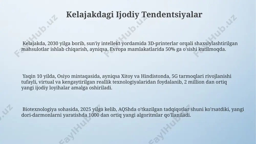 aradorligini 15-25% ga oshirishi aniqlangan. biznesda ijodiy strategiyalar 2022-yilda o'zbekistondagi 50 ta yirik kompaniyadan o'tkazilgan so'rovnoma shuni ko'rsatdiki, strategik rejalashtirishda ijodiy yondashuvlarni qo'llagan kompaniyalar 30% ga ko'proq foyda olgan. samsung kompaniyasi, janubiy koreyada 2010-yildan boshlab, ijtimoiy tarmoqlar tahliliga asoslangan ijodiy marketing strategiyasi tufayli, bozor ulushini 12% ga oshirdi. toshkentdagi startaplar orasida, 2023-yil holatiga ko'ra, "lean startup" metodologiyasini ijodiy biznes-modellari bilan birlashtirgan 15 ta loyiha muvaffaqiyatli rivojlanishga erishdi. ijodiy muammolarni yechish samarqanddagi 3 ta yirik korxonada ijodiy muammolarni hal qilish uchun 5 bosqichli model qoʻllanilib, natijada 15% ga mahsulot samaradorligi oshgan. oʻzbekistonning 10 ta universitetida oʻtkazilgan tadqiqotlar shuni koʻrsatdiki, 70% talaba ijodiy muammolarni yechishda 2 ta asosiy qiyinchilikka duch kelishadi: vaqt yetishmasligi va resurslarning cheklanganligi. ijodiy muammolarni yechishda "brainstorming" usuli 20 dan ortiq ishtirokchilar bilan 3 soat davomida toshkentdagi 5 ta kompaniyada samarali qoʻllanilgan. innovatsiyalar va ijodiy yechimlar o'zbekistondagi 2022-yilgi tadqiqotlar shuni ko'rsatdiki, kichik va o'rta biznes korxonalarining 30% innovatsion faoliyatga …