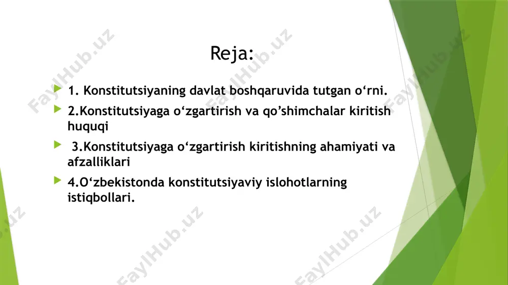 iritish taklifi bilan quyidagilar chiqishi mumkin: 1. o‘zbekiston respublikasi prezidenti prezident davlat boshlig‘i sifatida konstitutsiyaviy islohotlarni ilgari surish huquqiga ega. konstitutsiyaga o’zgartirish va qo’shimchalar kiritish huquqi 2. oliy majlisning qonunchilik palatasi va senati • parlamentning har ikki palatasi deputatlari tomonidan o‘zgartirish va qo‘shimchalar kiritish taklifi berilishi mumkin. • taklifni qabul qilish uchun har ikkala palatada uchdan ikki qism ovoz bilan ma’qullanishi kerak. 3. o‘zbekiston respublikasi fuqarolari • konstitutsiyaga o‘zgartirish va qo‘shimcha kiritish tashabbusi fuqarolarning bevosita ishtiroki orqali ham amalga oshirilishi mumkin. • buning uchun kamida 200 ming fuqaroning imzosi bilan tashabbus ilgari suriladi. 1. taklif kiritish yuqoridagi tashabbuskorlar tomonidan o‘zgartirish yoki qo‘shimcha matni shakllantirilib, rasman taqdim etiladi. 2. muhokama konstitutsiyaga o‘zgartirish va qo‘shimchalar kiritish taklifi oliy majlisning har ikki palatasida: qonunchilik palatasida ko‘rib chiqiladi, senatda tasdiqlanadi. 3. tasdiqlash qonun loyihasi har ikki palatada uchdan ikki qism ovoz bilan qabul qilinishi kerak. bu konstitutsiyaviy normalar qat’iy himoya qilinishini ta’minlaydi. 2. o‘zgartirishlarni …