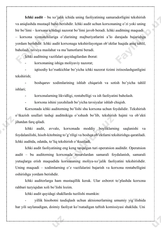 iti. xalqaro amaliyotda auditning uchta turi alohida ajratib ko’rsatiladi: 1. operatsion audit; 2. mos keluvchanlik auditi; 3. moliyaviy hisobotlar auditi. operatsion auditda barcha xo’jalik muomalalari va jarayonlari, ularning ish samaradorligiga va unumdorligiga bo’lgan ta’siri o’rganiladi. operatsion auditda unumdorlik va samaradorlik ko’rsatkichlari, qimmatli qog’ozlar hamda moliyaviy tizimga rioya qilishning buxgalteriya tamoyillariga mos kelishi nuqtai nazaridan ham ko’rib chiqiladi. mos keluvchanlik auditi – bu xildagi tekshirishda audlitning mamlakat miqyosidagi qonunlarga, shuningdek, barcha me’yoriy hujjatlarga mos kelishi yoki kelmaslik sabablari o’rganiladi. masalan, korxona faoliyatini auditorlik tekshirishdan o’tkazishda uning korxona nizomiga yoki mavjud yo’riqnomalarga mos bo’lishini tekshiruvdan o’tkazish. moliyaviy hisobotlar auditi – bunday tekshiruv moliyaviy va buxgalteriya xodimlari tomonidan o’tkazilib, asosan korxonaning to’lov qobiliyati moliyaviy natijalar, sotish jarayonlarining hisobotlarda qanchalik darajada aks ettirilganligi tekshiriladi. auditorlik tekshiruvi o’tkazilishining davriyligiga ko’ra ikkiga bo’linadi: 1. dastlabki audit; 2. davriy audit. dastlabki audit auditor yoki auditorlik tashkiloti tomonidan ushbu korxonani birinchi marta tekshirishni anglatadi. davriy audit takroriy shartnomalar …