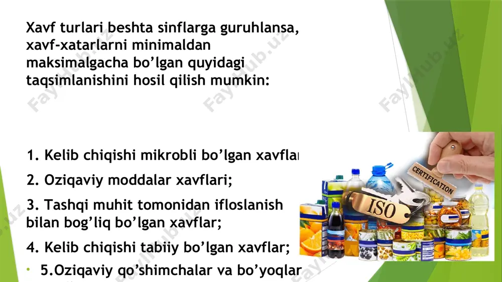 illiq qavati yallig'lanadi 8.oksalat kislota nimada ishlatiladi? a)matolarni bo'yashda b)yog'larni eritishda c)zanglarni yo'qotishda 9.eng xavfli radionuklidlar qaysilar? a)uran, toriy b)seziy,stronsiy c)plutoniy, prometiy 10.mahsulotni me'yorlarga mos kelishini qaysi tashkilot nazorat qiladi? a)bmt b)innovatsion rivojlanish vazirligi c)davlat sanitariya epidemiologiya xizmati e’tiboringiz uchun rahmat! image1.jpeg image2.jpeg image3.jpeg image4.jpeg image5.jpeg image6.jpeg image7.jpeg image8.jpeg image9.jpeg image10.jpeg image11.jpeg