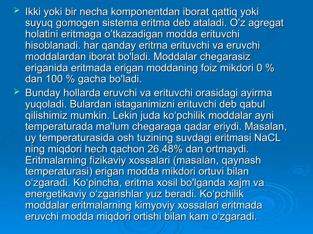 n: bo’rning qattiq kukuni suvda chayqatilsa suspenziya bo’ladi. agar dispers sistemadagi zarrachalar 100 nm dan kamroq bo’lsa, ularni mayin dispers sistemalar deb ataladi. umuman olganda diametri 1-100 nm oralig’idagi mayin dispers sistemalar turg’un bo’lib, o’lchami 100 nm dan kattaroq bo’lgan dag’al dispers sistemalar qisqa vaqtda o’z gomogenligini yo’qotishi mumkin. dispers sistemalarda agregat holatlari uch xil (gaz, suyuq yoki qattiq) bo’lib, ular o’zaro aralashganda to’qqiz xil sistemalar tashkil qiladi. dispers muhit va dispers fazaning qaysi agregat holatidan qat`i nazar dispers sistemalarni uchta guruhga chin eritmalar, kolloid va dag’al dispers sistemalarga bo’linadi. -chin eritmalarda dispers faza molekulyar yoki ion holdagi zarrachalardan iborat; o’lchamlari (kattaliklari) bir-biriga yaqin; ular uzoq vaqt davomida turg’un, dispers muhit va dispers faza bir-biridan ajralishi (tashqi muhit ta`siri bo’lmagan holatda) kuzatilmaydi; dispers faza zarrachalarining diametri 1 nm dan katta bo’lmaydi; zarrachalarni hatto ultramikroskop yordami bilan ham ko’rib bo’lmaydi; zarrachalar cho’kmaydi va barcha filtrlardan o’tib ketaveradi; -kolloid sistemalarda dispers faza …