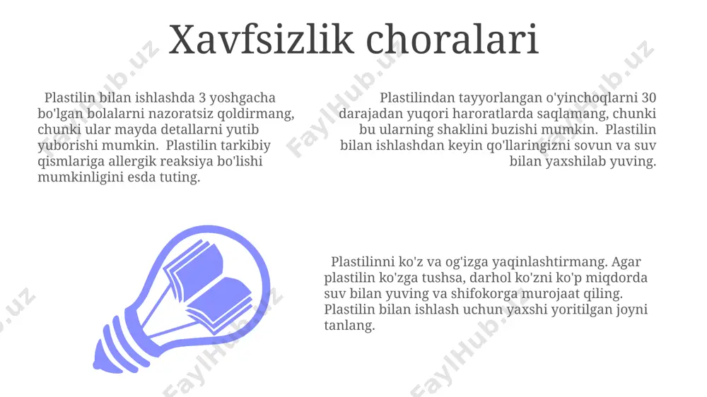 i. hayvonlarni yasalishida 3 dan ortiq rangdagi loy ishlatib, ranglarni aralashtirish orqali 20 dan ziyod turdagi hayvonlarni yaratishingiz mumkin. transport vositalarini yasash loydan turli xil transport vositalarini yasashda, 2 dan 5 kg gacha boʻlgan loy miqdorini ishlatish mumkin, bu esa kattaligi 10 dan 30 sm gacha boʻlgan modellarning yaratilishini taʼminlaydi. avtomobil, samolyot va kemalar kabi transport vositalarini yasashda loyning turli xil ranglarini, shuningdek, qoʻshimcha bezak elementlarini, masalan, 3-5 mm diametrli boncuklarni qoʻllash mumkin. loydan transport vositalarini yasash jarayoni, taxminan 30-60 daqiqa vaqtni oladi va bolalar uchun nozik vosita mahoratini rivojlantirishga yordam beradi, bu esa kichik tafsilotlarni shakllantirishni oʻz ichiga oladi. ranglarni aralashtirish qo'shimcha ranglar olish uchun oq yoki qora ranglarni oz miqdorda qo'shish orqali, asosiy ranglarning yorqinligini yoki to'yinganligini o'zgartirish mumkin. masalan, 10 gramm qizilga 2 gramm oq qo'shish. ranglarni aralashtirishda 3:1 nisbatda asosiy ranglardan (qizil, sariq, ko'k) foydalanib, 6 ta turli xil ranglar olish mumkin: to'q sariq, yashil, binafsha …