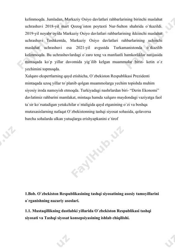 lqaro mintaqaviy siyosiy, moliyaviy, iqtisodiy, ilmiy va madaniy tashkilotlar, fondlar, harakatlar, jumladan, bmt, iht, yunesko, xelsinki kelishuvi, xalqaro valyuta jamg‘armasi, xalqaro bankning to‘la huquqli va eng nufuzli a’zosiga aylandi. shunday qilib, nisbatan qisqa vaqt ichida jamiyatga integratsiyalashuvning birinchi bosqichining asosiy xalqaro vazifalari muvaffaqiyatli hal qilindi. yosh davlat taraqqiyoti tarixida mamlakat oldiga mas’uliyatli vazifa – tashqi siyosat konsepsiyasi va tashqi siyosatning ustuvor ishlab chiqish vazifasi qo‘yildi. bu yerda asosiy qiyinchilik sanoat va siyosiy jihatdan rivojlangan mamlakatlardan yangi texnologiyalar va investitsiyalar oqimini, shuningdek, ilmiy, madaniy, iqtisodiy va boshqa aloqalarni normal rivojlanishini ta'minlaydigan "oltin o'rtacha" ni izlash va topish bilan bog'liq... o‘zbekiston rahbariyati mustaqillikning dastlabki kunlaridanoq jahon hamjamiyatiga integratsiyalashuv jarayoni qanday murakkab kechayotganini yaxshi anglab yetdi. o‘zbekiston respublikasi prezidenti i.a.karimov ta’biri bilan aytganda, hech kim “yangi dunyoga kirishning osonligi haqidagi illyuziyalar” qurmagan. bugungi kunda shuni aytish mumkinki, tashqi iqtisodiy strategiyaning asosiy konturlari darajalar va bizning fikrimizcha, eng dinamik yo‘nalishlarimiz bo‘yicha belgilanmoqda. tashqi siyosiy …