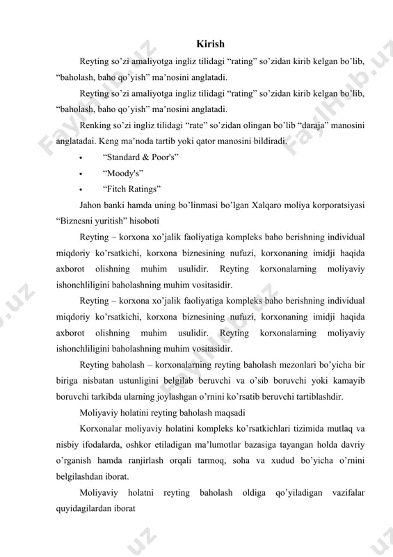 ha va xudud bo’yicha o’rnini belgilashdan iborat. moliyaviy holatni reyting baholash oldiga qo’yiladigan vazifalar quyidagilardan iborat · analitik balans maʼlumotlari asosida korxonaning umumiy moliyaviy holatini baholash; · qarz mablag’laridan foydalanish samaradorligini moliyaviy leviridj asosida baholash; · korxona moliyaviy barqarorligini mutlaq ko’rsatkichlarda tahlil etish; · moliyaviy koeffitsiyentlarni aniqlash va tahlil etish; · moliyaviy natijalarni tahlil qilish; · xulosa va takliflar tayyorlash. reyting baholashning turlari: · korxona tarkibiga kiruvchi bo’limlar, filiallar reytingi; · tarmoq va soha bo’yicha reyting; · hudud bo’yicha korxonalar reytingi; · davlat bo’yicha barcha korxonalar reytingi; · dunyo bo’yicha korxonalar reytingi. ko'rsatkichlar ko'rsatkichlar mazmuni norma 1. o'z mablag'lari bilan ta'minlanish koeffitsienti kt = o'z mablag'lari manbasi (o'mm) + uzoq muddatli kredit va qarzlar (umkq) –uzoq muddatli aktivlar (а) / jami aktivlar (jа) кt>=0.1 2. balans likvidligi кt = joriy aktivlar (ja) / joriy majburiyatlar (jm) кl>=0.1 3. avanslangan kapital aylanuvchanligi ка = сотишдан тушум / авансланган капитал*365 ка>=2.5 4. …