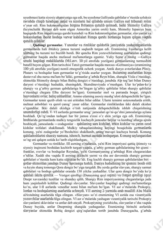 an aralashuvi yuz berib, ularning madaniy qiyofasi ham o’zgargan. rim imperiyasi varvarlar tomonidan bosib olinishi arafasida. imperiyaning inqirozi iv asr oxiri – v asr boshlarida yanada keskinlashdi. ijtimoiy-siyosiy sohalarda ko’plab islohotlar o’tkazildi, qullarga zo’rlik qilish shakli (plantatorlarning kazarma sharoitidagi qullarini obrok to’laydigan qullarga va kolonlarga aylantirish yo’li bilan) yumshatishga harakat qilindi. lekin shularga qaramay, rim jamiyati quldorlikka asoslangan jamiyat holicha qolganda, shakllana olmas edi, rim imperiyasining davlat tuzumini sindirib tashlash, ishlab chiqaruvchi kuchlarning yanada o’sishini va jamiyatning rivojlanishini ta'minlash uchun jiddiy o’zgarishlarga zarurat tug’ilgan edi. bu juda katta ijtimoiy o’zgarishlarning harakatlantiruvchi kuchlari rim jamiyatining o’zidagi ezilgan aholi hamda varvarlar bo’ldi. qullar, kolonlar, shahar hunarmandlari iii-v asrlar davomida o’z zolimlariga, ayrim quldorlarga va rim quldorlik imperiyasining o’ziga qarshi qattiq kurash olib bordilar. biroq quldorlik rimga qarshi imperiya aholisining pastki tabaqalaridan tashqari yana bir kuch – qo’shni varvarlar ham bosh ko’tardi. rim imperiyasining qiyin ahvolga tushib qolganligidan foydalanib, bo’sh yer va boshqa …