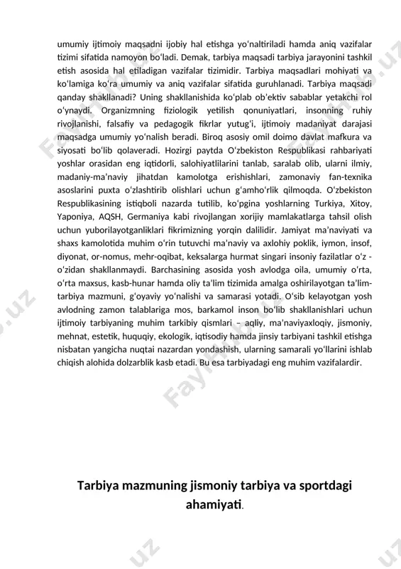 o bog‘liq bo‘lgan ikki yoqlama faoliyatni sport pedagogi va shug‘ullanuvchi faoliyatini o‘z ichiga oladi. tarbiya jarayonida sportchining ongi shakllanadi, his-tuyg‘ulari rivojlanadi, ijtimoiy hayot uchun zarur bo‘lgan va ijtimoiy aloqalarga xizmat qiladigan xulqiy odatlarni hosil qilinadi. tarbiya jarayonida sportchining hayoti va faoliyatini pedagogik jihatdan to‘g‘ri uyushtirish g‘oyat muhimdir. psixologik va pedagogik tadqiqotlarga qaraganda shaxsga tashqi omillar ta’siri u xoh ijobiy, xoh salbiy ta’sir ko‘rsatsin, tarbiyalanuvchi tarbiyasida ular ta’sir ko‘rsatadi. tarbiyalanuvchining shaxsiy tajribasi va ehtiyojlari tashqi ta’sirga munosabatni belgilab beradi va uning xulqiga ta’sir etadi. shuning uchun tarbiyalanuvchi faoliyatini uyushtirishning o‘zigina kifoya qilmaydi. to‘g‘ri tarbiyalash uchun tarbiyalanuvchining bu faoliyatga nisbatan qalbidan paydo bo‘ladigan munosabatni, turli xil kechinmalarni qanday anglashni, his qilishni hamda ulardan o‘zi uchun nimalarni maqsad qilib olganligini bilish zarur. tarbiya jarayonida tarbiyalanuvchining ongigina emas, balki, his tuyg‘ularini ham o‘stira borish, unda jamiyatning shaxsga qo‘yadigan axloqiy talablariga muvofiq keladigan hulqiy malaka va odatlarni hosil qilish lozim. bunga erishish uchun talabaning ongiga …