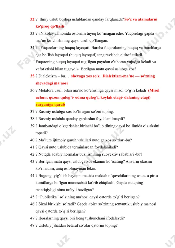 a qulog’i, koylak etagi- dalaning etagi) varyantga qarab 37. ? rasmiy uslubga xos bo’lmagan so`zni toping. 38. ? rasmiy uslubda qanday gaplardan foydalanilmaydi? 39. ? jamiyatdagi o’zgarishlar birinchi bo’lib tilning qaysi bo’limida o’z aksini topadi? 40. ? ma’lum ijtimoiy guruh vakillari nutqiga xos so’zlar -bu? 41. ? qaysi nutq uslubida terminlardan foydalaniladi? 42. ? nutqda adabiy normalar buzilishining subyektiv sabablari -bu? 43. ? berilgan matn qaysi uslubga xos ekanini ko’rsating? anvarni ukasini ko`rmadim, aniq eslolmayman lekin. 44. ? bugungi yig’ilish bayonnomasida maktab o’quvchilarining ustoz-u pir-u komillarga bo’lgan munosabati ko’rib chiqiladi . gapda nutqning mantiqiyligi nima tufayli buzilgan? 45. ? “publistika” so`zining ma'nosi qaysi qatorda to`g`ri bеrilgan? 46. ? sizni bir kishi so`radi? gapda «bir» so`zining sеmantik uslubiy ma'nosi qaysi qatorda to`g`ri bеrilgan? 47. ? iboralarning qaysi biri kеng tushunchani ifodalaydi? 48. ? uslubiy jihatdan bеtaraf so`zlar qatorini toping? 49. ? ruhiy holat natijasini ifodalovchi ibora qaysi qatorda bеlgilangan? 50. ? …