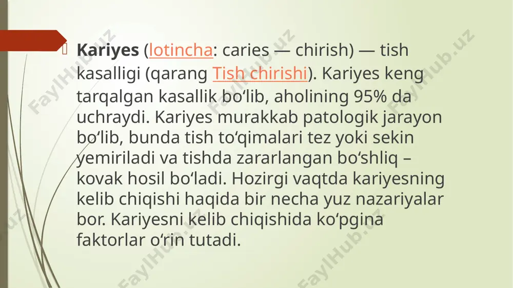 g‘ kariyes o‘rnida destruktiv o‘zgarishlar natijasida hosil bo‘ladi. bemor ximik ta’sirlar shirin, sho‘r, nordondan hosil bo‘ladigan qisqa muddatli og‘riqdan shikoyat qiladi. agar kariyes kovagi tishning bo‘yin qismida joylashgan bo‘lsa termik ta’sirdan ham og‘riq paydo bo‘lishi mumkin. ko‘rik o‘tkazilib zondlaganda kichik nuqson aniqlanadi. nuqson faqat emal qavatida joylashadi. o‘rta kariyesda nuqson emal, dentin chegarasidan o‘tib o‘rtacha chuqurlikka ega bo‘ladi. aksariyat hollarda bemor og‘riq sezmaydi. kamdan-kam hollarda bemor termik, mexanik, ximik ta’sirlardan paydo bo‘ladigan qisqa muddatli og‘riqdan shikoyat qiladilar. ko‘rik o‘tkazilib, zondlaganda o‘rtacha chuqurlikka ega bo‘lgan kariyes kovagi borligi, kovak tubida yumshagan dentin borligi uchun g‘adirbudurliligi aniqlanadi. o‘rta kariyesni aniqlashda ponasimon nuqson, eroziya, surunkali periodontit bilan solishtirma tashxis o‘tkaziladi. chuqur kariyes uchun hamma turdagi ta’sirlardan hosil bo‘ladigan qisqa muddatli og‘riq xosdir. og‘riq ta’sir etuvchi muolajani olgandan so‘ng to‘xtaydi. ko‘rik o‘tkazilib yumshagan dentin bo‘lgan chuqur kariyes kovagi borligi aniqlaniladi. zondlanganda kariyes kovagi tubi og‘riqli, elektr sezuvchanligi 2–6 mka ga teng, lekin ayrim hollarda …