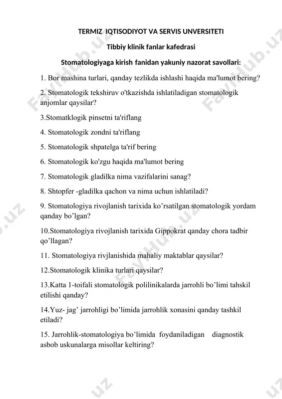 iladigan vazifalar? 46. sterelizatsiya bosqichida necha xil usildan foydalaniladi? 47. steril asboblarni nechi xil usulda saqlash mumkin? 48. sterelizatsiyaning kimyoviy usuli haqida ma’lumot bering? 49. sterelizatsiyaning fizik usuli haqida ma’lumot bering ? 50. avtoklavda sterelizatsiya qilishning kamchiliklari qanday? 51. sterelizatsiyaning sifat va samaradorligini tekshirish usullari haqida gapiring? 52. stomatologni xususiy himoya vositalari qaysilar ? 53. avtoklav necha xil rejimda ishlaydi ? 54. stomatologiyada quruq havo bilan sterelizatsiya qilishning necha xil rejimi bor? 55. glassperlen nima ? 56. glasperlen sterelizatsiya usuli qanday holatlarda qo’llaniladi? 57. asistena qurilmasi nima uchun ishlatiladi? 58. ultrasonic qurilmasi nima uchun ishlatiladi? 59.dezinfeksion eritma tayyorlashda qanday m’lumotlar qayd qilinadi? 60. stomatologiyada tekshirish usullari qaysilar? 61. stomatologiyada asosiy tekshirish usullari qaysilar? 62. stomatologiyada qo’shimcha tekshirish usullari qaysillar? 63. stomatologiyada palpatsiya qilib tekshiriladigan sohalarni sanang? 64. stomatologiyada og’iz bo’shlig’ining ko’rigi haqida ma’lumot bering? 65. anamnez vitae haqida ma’lumot bering? 66. anamnez morbi haqida ma’lumot bering? 67. stomatologik tekshiruv- klinik …