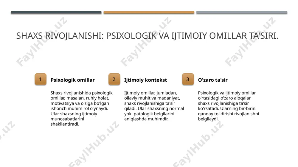 logik omillar: asosiy tushunchalar va ta'sirlar. 01 psixologik omillar psixologik omillar shaxs rivojlanishida katta rol o'ynaydi. ular individualning hissiy holati, motivatsiyasi va o'z-o'zini anglashini shakllantiradi. 02 o'sish jarayoni o'sish jarayoni davomida psixologik omillar, masalan, ota-onalar ta'siri va ijtimoiy muhit, shaxs rivojlanishining asosiy vazifalarini belgilaydi. 03 ta'sir va natijalar psixologik omillar shaxsning ruhiy salomatligini belgilaydi. agar u normal bo'lsa, rivojlanish muvaffaqiyatli, patologik holatlar esa turli muammolarni keltirib chiqarishi mumkin. fiziologik omillar va ularning shaxsiy rivojlanishga ta'siri. 1 fiziologik omillar fiziologik omillar shaxsning rivojlanishida muhim rol o'ynaydi. ular genetik, biologik va anatomik jihatlarni o'z ichiga oladi. 2 genetik ta'sir genetik omillar shaxsning xarakteri va rivojlanishidagi asosiy nuqtalarni belgilaydi. har bir insonning biologik xususiyatlari ularning hayot tarziga ta'sir qiladi. 3 gormonal o'zgarishlar gormonal o'zgarishlar, ayniqsa, o'smirlik davrida shaxsning psixologik holatiga va xulq-atvoriga sezilarli ta'sir ko'rsatadi. bu jarayon o'sishni rag'batlantiradi. 4 nerv tizimi nerv tizimi shaxsning rivojlanishida markaziy rol o'ynaydi. u his-tuyg'ularni boshqarish va …