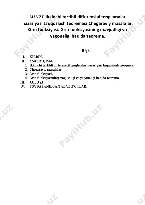 asligi mumkin. lekin u differensial tenglama bo’lsa, u holda hosilalardan hech bo’lmaganda bittasi qatnashishi shart. differensial tenglama tarkibiga kirgan hosilalarning eng yuqori tartibiga, differensial tenglamaning tartibi deyiladi. masalan (1) tenglama, -chi tartibli differensial tenglamadir. agar tenlamadagi noma’lum funksiya faqat bitta erkli o’zgaruvchiga bog’liq bo’lsa, bunday tenglamaga oddiy differensial tenglama deyiladi (odt). agar tenglamadagi noma’lum funksiya bir nechta erkli o’zgaruvchiga bog’liq bo’lsa, tenglamada har-bir erkli o’zgaruvchilar bo’yicha olingan xususiy hosilalar qatnashishi mumkin. bunday differensial tenglamalarga xususiy hosilali differensial tenglama deyiladi. masalan ),( yxu funksiya ikkita yx, agrumentga bog’liq bo’lsin. u holda 0,,,,, 2 22 2 2                 y u yx u x u y u x u uf (2) tenglamaga ikkinchi tartibli xususiy hosilali differensial tenglama deyiladi. 0,,           y u x u uf (3) ga esa …