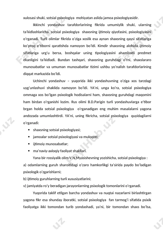 kkichni tomondan – jamiyat miiyosida rshy beradigan ommaviy psixik jarayonlardir. oxirgilari ko‘pgina manbalarda ijtimoiy-psixologik hodisalar deb nomlanadi. ijtimoiy-psixologik hodisalar – shunday fenomenlarki, ular individlar hamda jamoalar tarzidagi subyektlarning o‘zaro hamkorligi tufayli paydo bo‘ladigan turli xil munosabatlar, shunday hamkorlik ta’sirida boshdan kechiriladagan his-kechinmalar, o‘zaro axborot almashinuvi hamda odamlarning guruh bo‘lib to‘planishi oqibatida ro‘y beradigan faoliyatlarning xususiyatlarini mujassam etadi. ya’ni, agar shaxsni alohida individ sifatda olinganda amalga oshiradigan faoliyatidan farqli o‘laroq, guruh bo‘lib harakat qilgandagi ro‘y beradigan faoliyatning farqli tomonlarini sotsial psixologiya sodda qilib aytganda o‘zining predmeti sifatida tanlaydi. shunday qilib, sotsial psixologiya o‘rganadigan ijtimoiy-psixologik hodisalarga avvalo quyidagilar kiradi: muloqot, muomala, ijtimoiy fikr va kayfiyat, jamoaviylik, stratifikatsiya, ya’ni, jamiyatning turli qatlamlarga bo‘linishi jarayonlari, stereotiplar, ziddiyat, turmush tarzi, ijtimoiy tasavvurlar, ijtimoiy ustanovkalar va shaxsning turli ijtimoiy vaziyatlarda namoyon bo‘ladigan fazilatlari (nuqsonlari) va boshqalar. ijtimoiy-psixologik hodisalar asosan mazmunan va davomiyligiga ko‘ra tafovutlanadi. masalan, mazmuniy jihatdan ular normal va normadan og‘ish tarzidagi xulq maromlariga bo‘linadi. …
