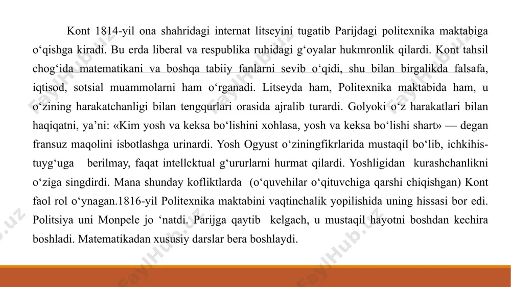 rik materialni to‘plashda nazariyaga tayanish, nazariya rahnamoligi ostida bo‘ lishi, aks holda sotsiologlar cheklangan va tasodifiy faktlardan boshqa hech narsaga erisha olmaydi, dedi. har qanday sotsial kuzatish, statistik yoki dinamik jarayonlarda doimo fundamental nazariya qo‘llanilmog‘i zarur. pozitiv nazariyasiz sotsiolog og‘ir ahvolga tushishi mumkin hamda kuzatish o‘tkazish uchun nazariya, nazariya yaratish uchun kuzatuv zarur, deb ta’kidlaydi. uchinchidan, kont eksperiment metodika, ya’ni tadqiqot uchun maxsus sharoit yaratish va unda hodisalardagi o‘zgarishlarni kuzatish zarurligi metodikasiga ham katta e’tibor bilan qaradi. to‘rtinchidan, pozitiv fan metodlaridan biri taqqoslash usuli bo‘lib, uning yordamida yer sharining turli burchaklarida yashovchi xalqlar hayotini solishtirish orqali — jamiyat mavjudligi va rivojla -nishining umumiy qonunlarini aniqlash. u jamiyat bilan hayvonot dunyosi o‘rtasidagi o‘xshashlik va farqlarni o‘rganishni ham foydali tomonlarini alohida ko‘rsatdi. bir jamiyatda turli sinflarning ijtimoiy ahvolini solishtirish yoki taqqoslashning ahamiyati haqida ham qimmatli fikrlarni bayon etdi. beshinchidan, kont tarixiy metod “insoniyatni turli izchil, muntazam holatini tarixiy taqqoslash” - sotsiologiyani o‘ziga …