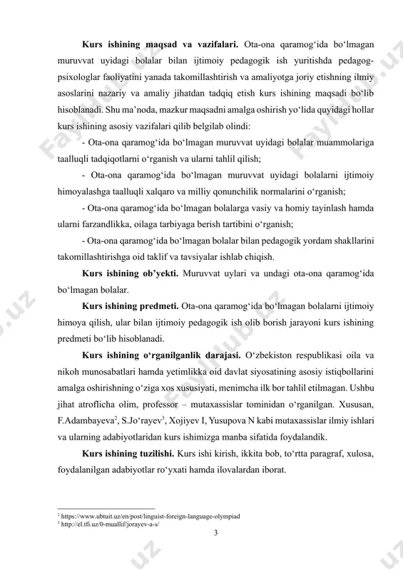 g ob’yekti. muruvvat uylari va undagi ota-ona qaramog‘ida bo‘lmagan bolalar. kurs ishining predmeti. ota-ona qaramog‘ida bo‘lmagan bolalarni ijtimoiy himoya qilish, ular bilan ijtimoiy pedagogik ish olib borish jarayoni kurs ishining predmeti bo‘lib hisoblanadi. kurs ishining o‘rganilganlik darajasi. oʻzbekiston respublikasi oila va nikoh munosabatlari hamda yetimlikka oid davlat siyosatining asosiy istiqbollarini amalga oshirishning o‘ziga xos xususiyati, menimcha ilk bor tahlil etilmagan. ushbu jihat atroflicha olim, professor – mutaxassislar tominidan o‘rganilgan. xususan, f.adambayeva[footnoteref:2], s.jo‘rayev[footnoteref:3], xojiyev i, yusupova n kabi mutaxassislar ilmiy ishlari va ularning adabiyotlaridan kurs ishimizga manba sifatida foydalandik. [2: https://www.ubtuit.uz/en/post/linguist-foreign-language-olympiad] [3: http://el.tfi.uz/0-muallif/jorayev-a-s/] kurs ishining tuzilishi. kurs ishi kirish, ikkita bob, to‘rtta paragraf, xulosa, foydalanilgan adabiyotlar ro‘yxati hamda ilovalardan iborat. i bob. muruvvat uylarida ota-ona qaramog‘ida bo‘lmagan bolalarni ijtimoiy himoya qilishning nazariy asoslari 1.1. vasiylik va homiylik, hamda ota-ona qaramog‘ida bo‘lmagan muruvvat uyi bolalar masalalariga taalluqli tushunchalar va ularning mohiyati vasiylik – ota-ona qaramog‘ida bo‘lmagankichik yoshdagi (14 yoshgacha bo‘lgan voyaga yetmaganlar)ni …