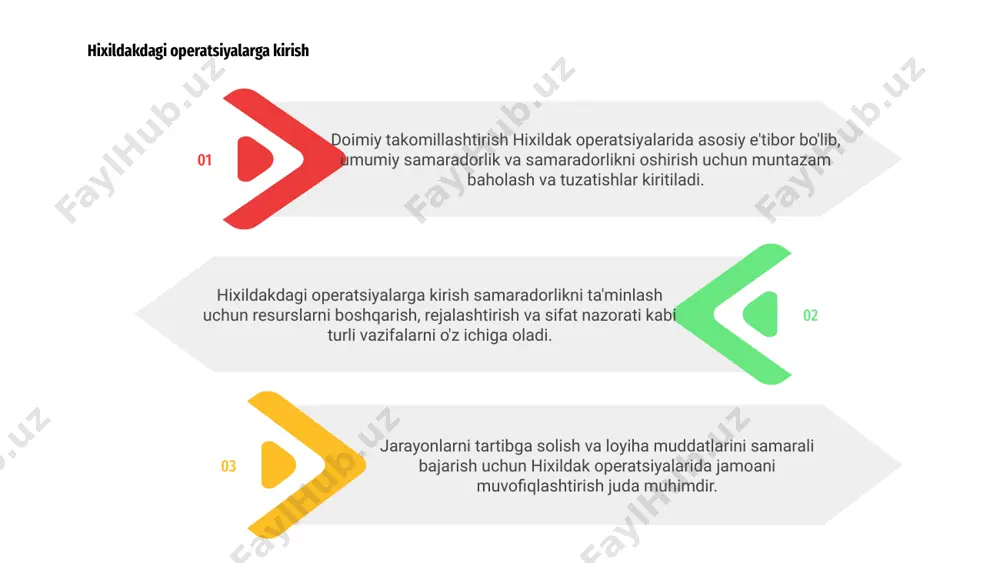 shni oshirishga olib keladi. 02 01 hixildakda optimallashtirish ta'minot zanjiri operatsiyalari uchun kalit hisoblanadi. o'zgaruvchan bozor dinamikasi va mijozlar talablariga moslashish uchun doimiy monitoring va takomillashtirish tashabbuslari amalga oshiriladi. hixildak operatsiyalari texnologiya integratsiyasi, jarayonlarni soddalashtirish va samaradorlikni oshirishdan katta foyda keltirdi. inventarizatsiyani boshqarishdan tortib, aloqa kanallarigacha barcha jihatlar yaxshilandi. 1 avtomatlashtirish uzluksiz operatsiyalarni ta'minlash, inson xatolarini kamaytirish va ishlab chiqarish samaradorligini oshirishda muhim rol o'ynadi. haqiqiy vaqtda ma'lumotlar tahlili tashkilot ichida yaxshiroq qaror qabul qilish va resurslarni taqsimlash imkonini berdi. 2 hixildak korxonalarida ilg‘or texnologiyalarni joriy etish nafaqat samaradorlikni oshirdi, balki kompaniyani sohada innovatsiyalar va modernizatsiya sohasida yetakchiga aylantirdi. 3 03 hixildak operatsiyalari chiqindilarni mas'uliyat bilan boshqarish va atrof-muhitga uzoq muddatli ta'sir ko'rsatish uchun mahalliy hamjamiyatni jalb qilish kabi barqaror amaliyotlarga qaratilgan. 02 energiya tejamkor texnologiyalarni joriy etish va materiallarning barqaror manbalarini rag'batlantirish orqali uglerod izini kamaytirishga harakat qilinmoqda. hixildak operatsiyalarida barqarorlik amaliyotlari 01 suvdan foydalanishni minimallashtirish va ishlab chiqarish …