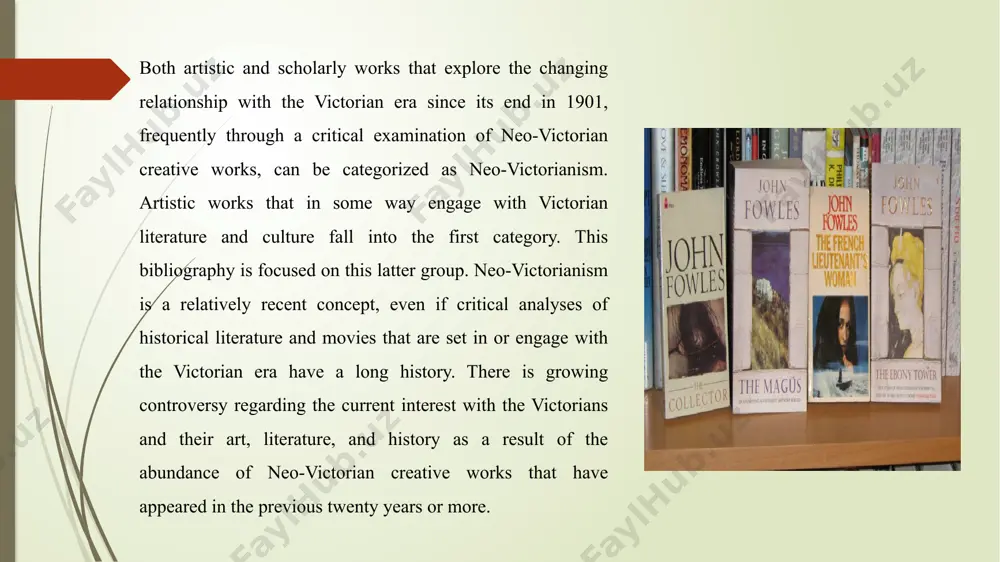 can be seen from the authorial insertions and introductory quotations taken from the works of victorian authors, whose insights were notably different from the presumptions that most victorians had about their environment, his perspective is that of the twentieth century. he makes an effort to criticize the victorians' most cherished principles in this way. the victorian era, when reason and rationality were exalted as dogma and religion, is still regarded as a golden age. fowles's critics from the past and present have trouble approaching each book as a standalone work. instead, they frequently create several good but constrained theme interpretations of the texts. although fowles writes difficult books, his intention is to represent reality's complexity and the overwhelmingness of experience in daily life. the concept that one can only make meaning of one's existence by seeing clearly and uniting all the aspects of it, both as a person and as …
