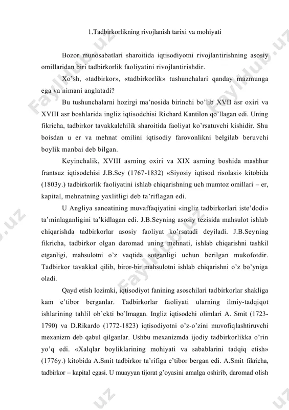 ini muvofiqlashtiruvchi mexanizm deb qabul qilganlar. ushbu mexanizmda ijodiy tadbirkorlikka o’rin yo’q edi. «xalqlar boyliklarining mohiyati va sabablarini tadqiq etish» (1776y.) kito​bida a.smit tadbirkor ta’rifiga e’tibor bergan edi. a.smit fikricha, tadbirkor – kapital egasi. u muayyan tijorat g’oyasini amalga oshirib, daromad olish uchun tavakkalchilik bilan ish boshlaydi, chunki kapitalni biror bir ishga sarflash doimo tavakkalchilik bilan bog’liqdir. tadbirkorlikdan olingan daromad, a.smit fikricha, shaxsiy tavakkalchilik uchun olingan mukofot. tadbirkor ishlab chiqarishni o’zi rejalashtiradi, tashkil etadi, ishlab chiqarish faoliyati natijalariga egalik qiladi. bu ishlar, o’z navbatida, bozor tizimi bilan bog’liq. shu bois a.smit bizlarni bozor tizimining markaziy mexanizmi – raqobat mexanizmi bilan tanishtiradi. o’z manfaatini ko’zlab yurgan har bir kishi bozorda shu maqsad bilan yurgan kishilarga duch keladi. natijada, bozordagi har bir harakat qiluvchi sub’ekt raqobatchi taklif qilgan narxlarga rozi bo’ladi. bunday raqobatda o’xshash tovarlarga me’yordan ortiq narx qo’ygan ishlab chiqaruvchi xaridorni yo’qotishi hech gap emas. a.smitning qayd qilishicha, bozor jamiyat sotib …