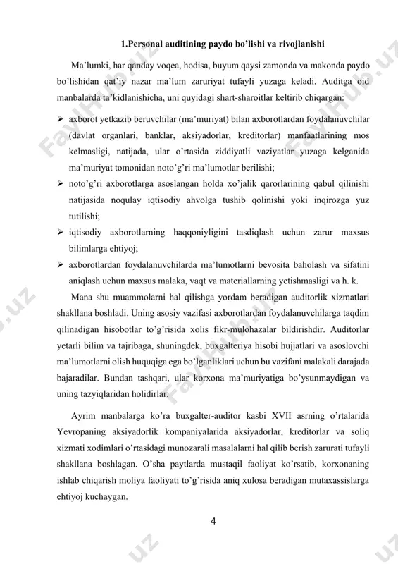 niq xulosa beradigan mutaxassislarga ehtiyoj kuchaygan. natijada, 1862 yili angliyada, 1867 yili fransiyada, 1937 yili esa aqshda majburiy audit to’g’risidagi qonun qabul qilingan. hozirgi paytda bozor iqtisodiyoti rivojlangan mamlakatlarda o’zining tashkiliy huquqiy infratuzilmalariga ega bo’lgan audit institutlari faoliyat ko’rsatmoqda. auditorlik kasbi turli xil mamlakatlarda turlicha nomlanib kelingan. masalan, amerikada jamoatchi-buxgalter, fransiyada buxgalter ekspert yoki schyotlar bo’yicha komissar, germaniyada xo’jalik nazoratchisi, yoki kitoblar (das buch) nazoratchisi, qator anglosaksoniya mamlakatlarida kompaniyaning moliyaviy faoliyatini nazorat qiladigan taftishchi kabilar. auditorlik faoliyatining rivojlanishiga 1929-1933 yillarda jahon iqtisodiy tanazzuli katta turtki bo’ldi. bu davrda aksiyadorlik jamiyatlari va boshqa korxonalarning ko’pchiligi inqirozga yuz tutdilar. natijada hisobotlarni, xususan, balans, foyda va zararlar to’g’risidagi hisobot ma’lumotlarini tasdiqlash tartibini qat’iy belgilash, ularning to’g’riligi va haqqoniyligini mustaqil auditorlar tomonidan tekshirish ehtiyoji yuzaga kelgan. audit xix asr o’rtalarida shotlandiyada ham vujudga kela boshlagan. ingliz temiryo’lchilari, sug’urta va boshqa investorlar shimoliy amerikaga yo’l olishganida ular bilan birga yirik ingliz sarmoyador (kreditor)larining manfaatlarini himoya …